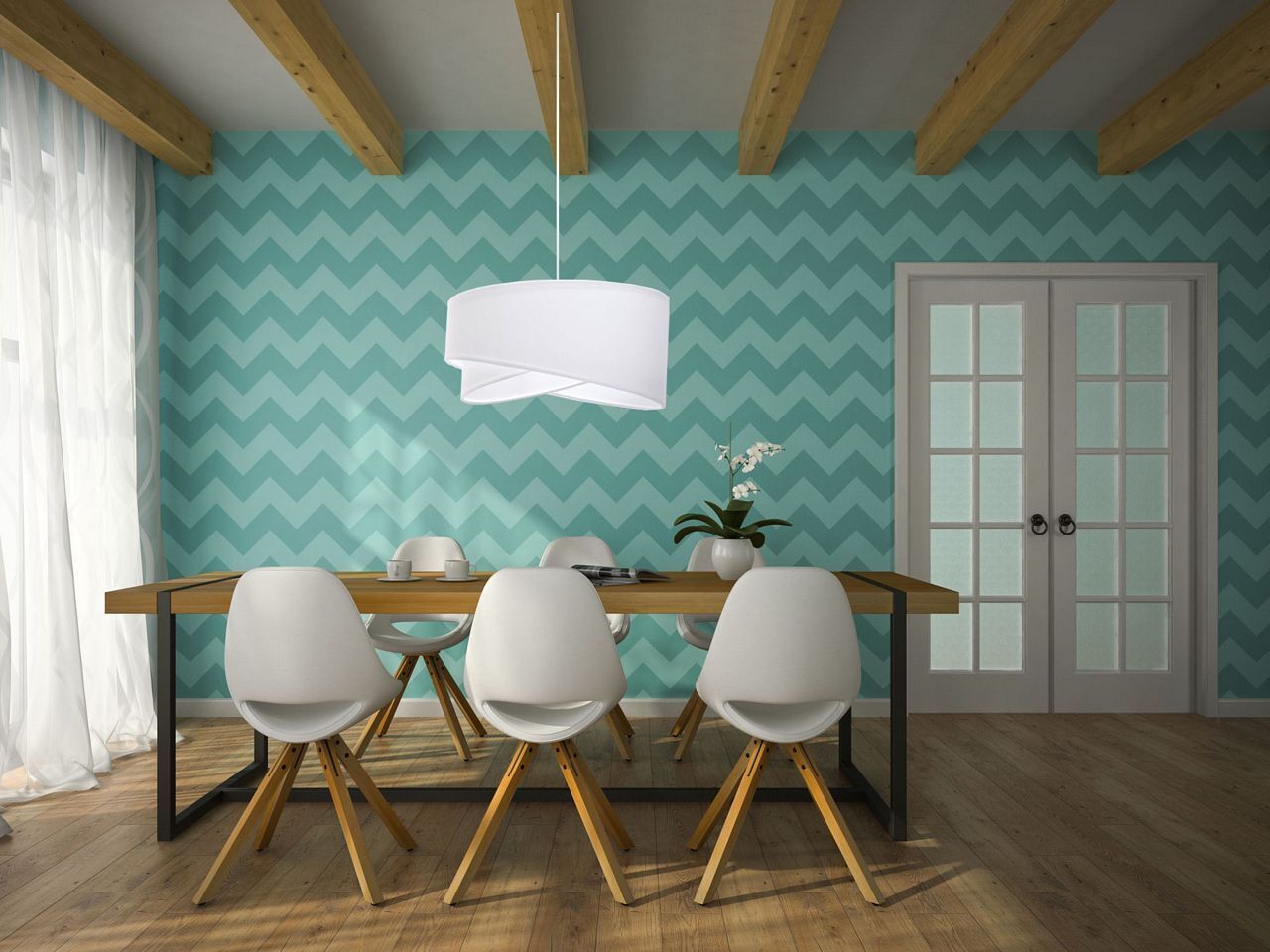 Lampe à suspendre Blanc E27 rond D : 50 cm Tissu aspect velours Moderne Speisesaal, Esstisch, Tisch, Innenarchitektur, Stuhl