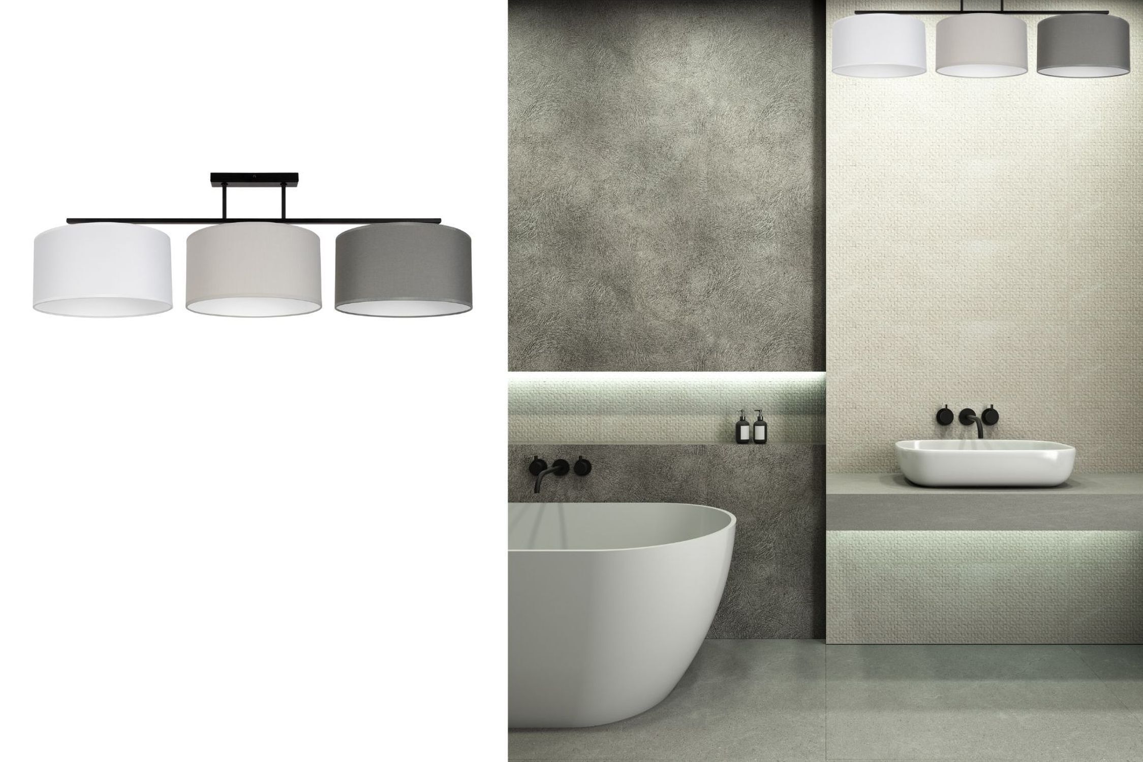 deckeleuchte, pendelleuchte, drei schirme, metallstange, weiße/graue schirme