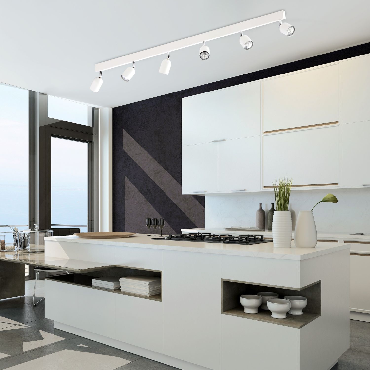 Grand spot de plafond blanc métal 6 flammes 127 cm de long Drinnen, Innenarchitektur, Küche, Kücheninsel