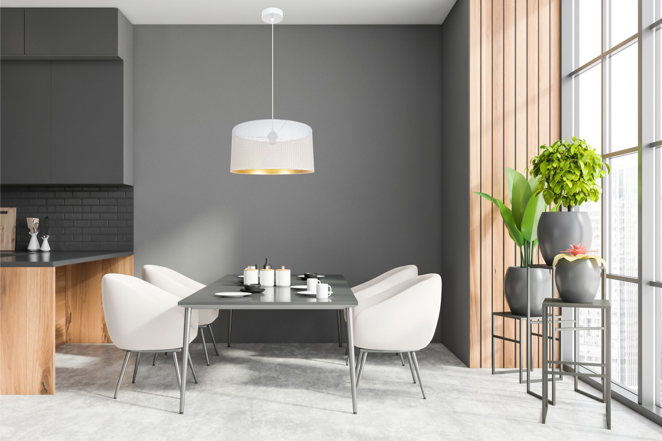 Pendelleuchte Metall Loft Design E27 B:40 cm Weiß Gold Speisesaal, Esstisch, Tisch, Innenarchitektur, Pflanze