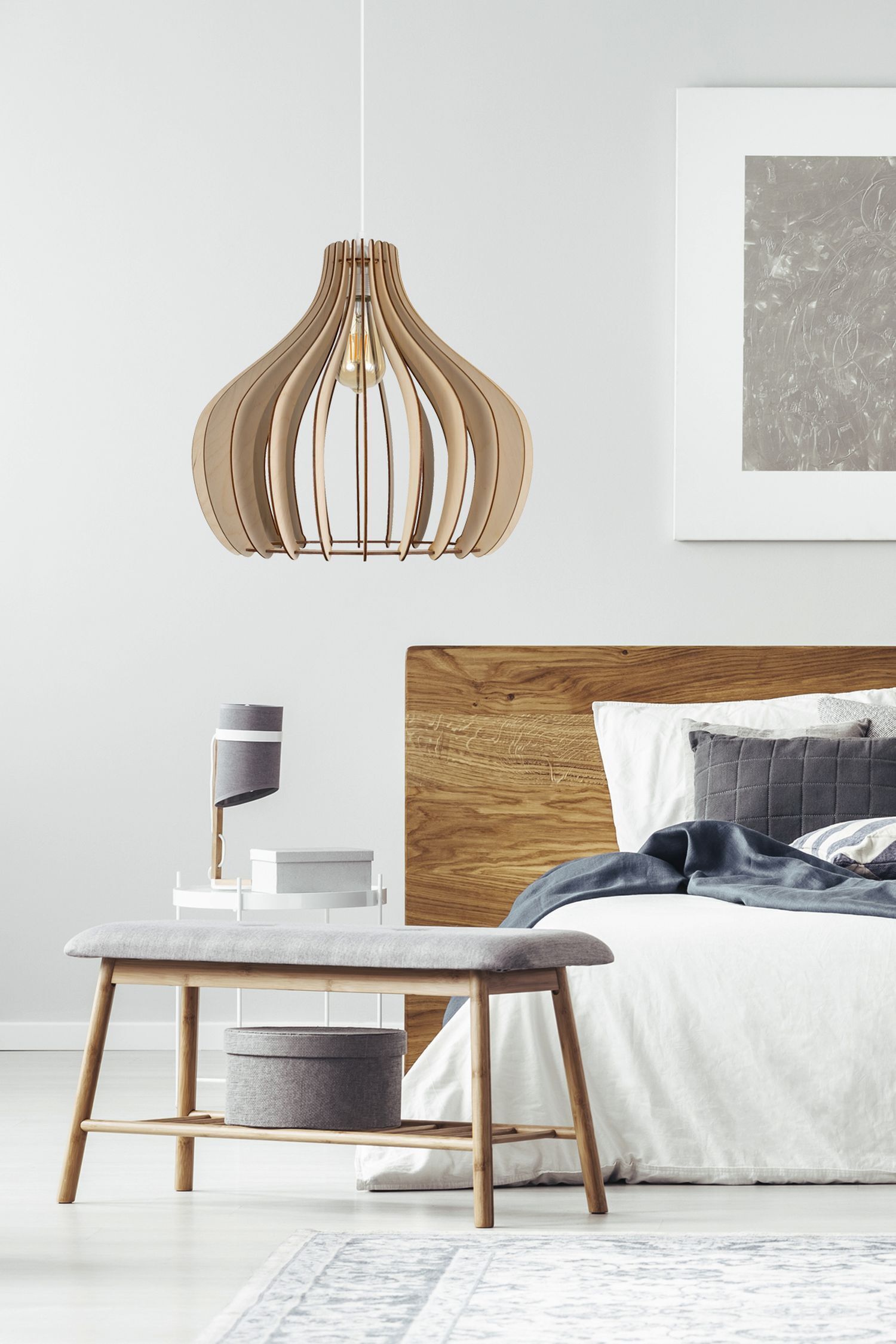 Pendelleuchte Holz Metall Weiß E27 Ø40 cm gemütlich Innenarchitektur, Lampe, Dekoration für Zuhause, Mobiliar, Bett