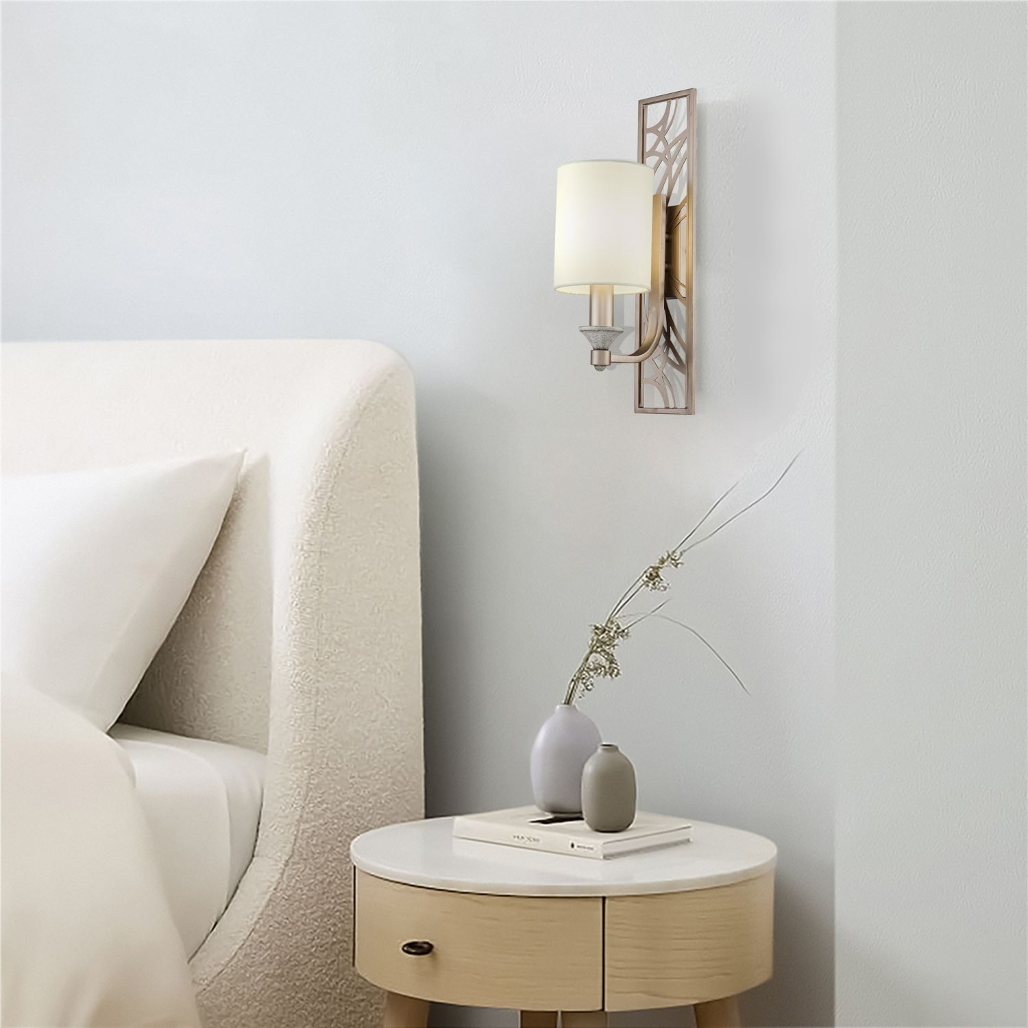 Wandlampe Metall Stoff H: 42 cm in Cremegold Weiß E14