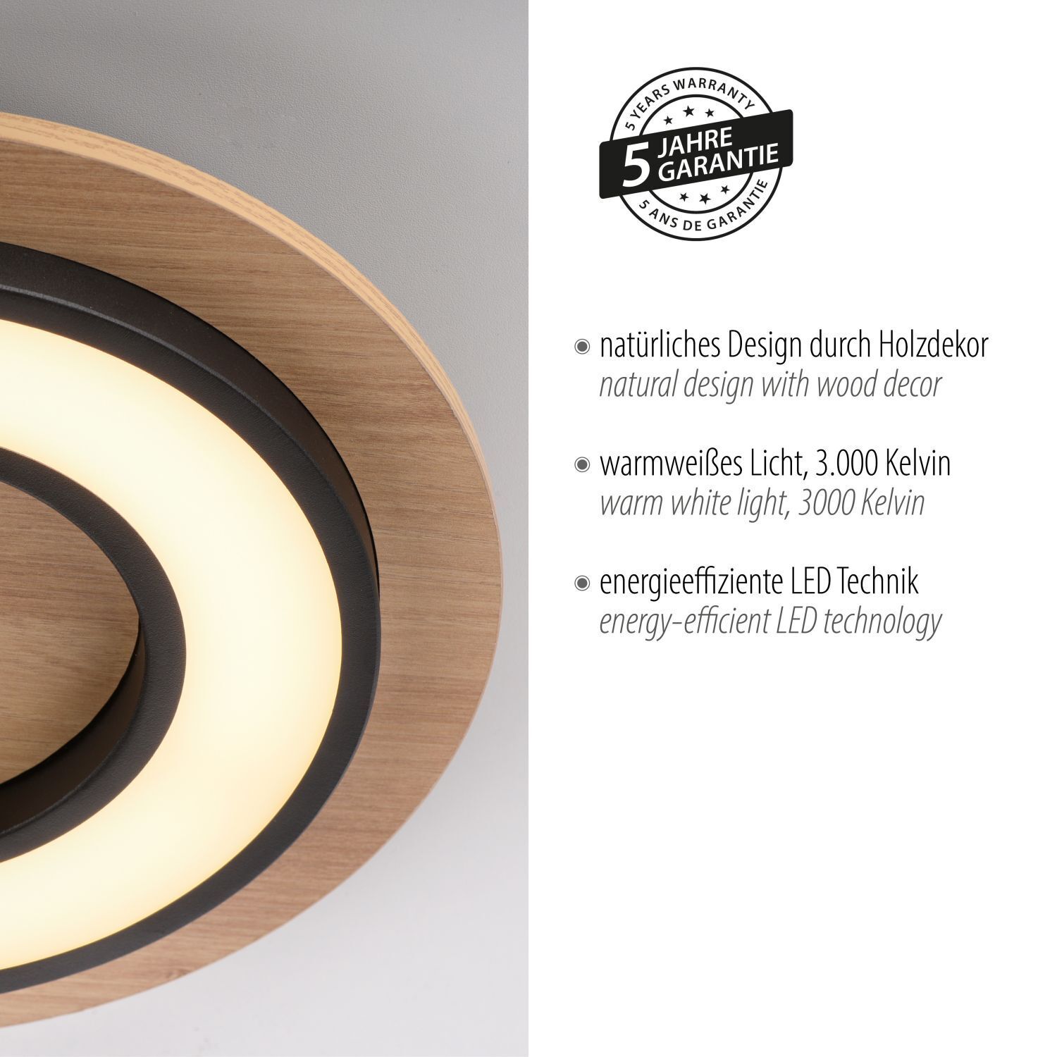 LED Deckenlampe Holz Metall 3000 K wohnlich blendarm