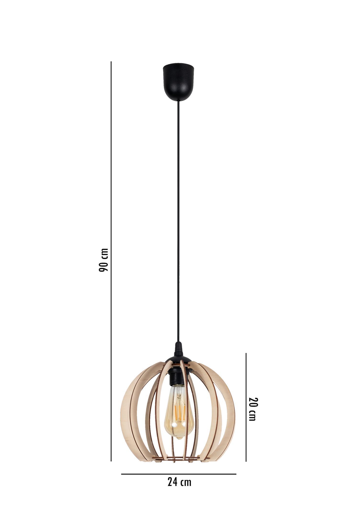 Pendelleuchte Holzschirm Metall Schwarz Kugel Ø24 cm Hängeleuchte, Pendelleuchte, Rattan, Holz, Glühbirne