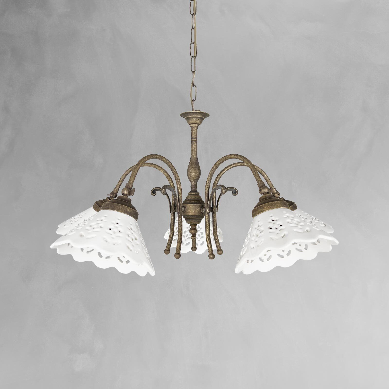 Lampe à suspendre laiton céramique en blanc bronze antique 5x E27 Leuchter, Lampe