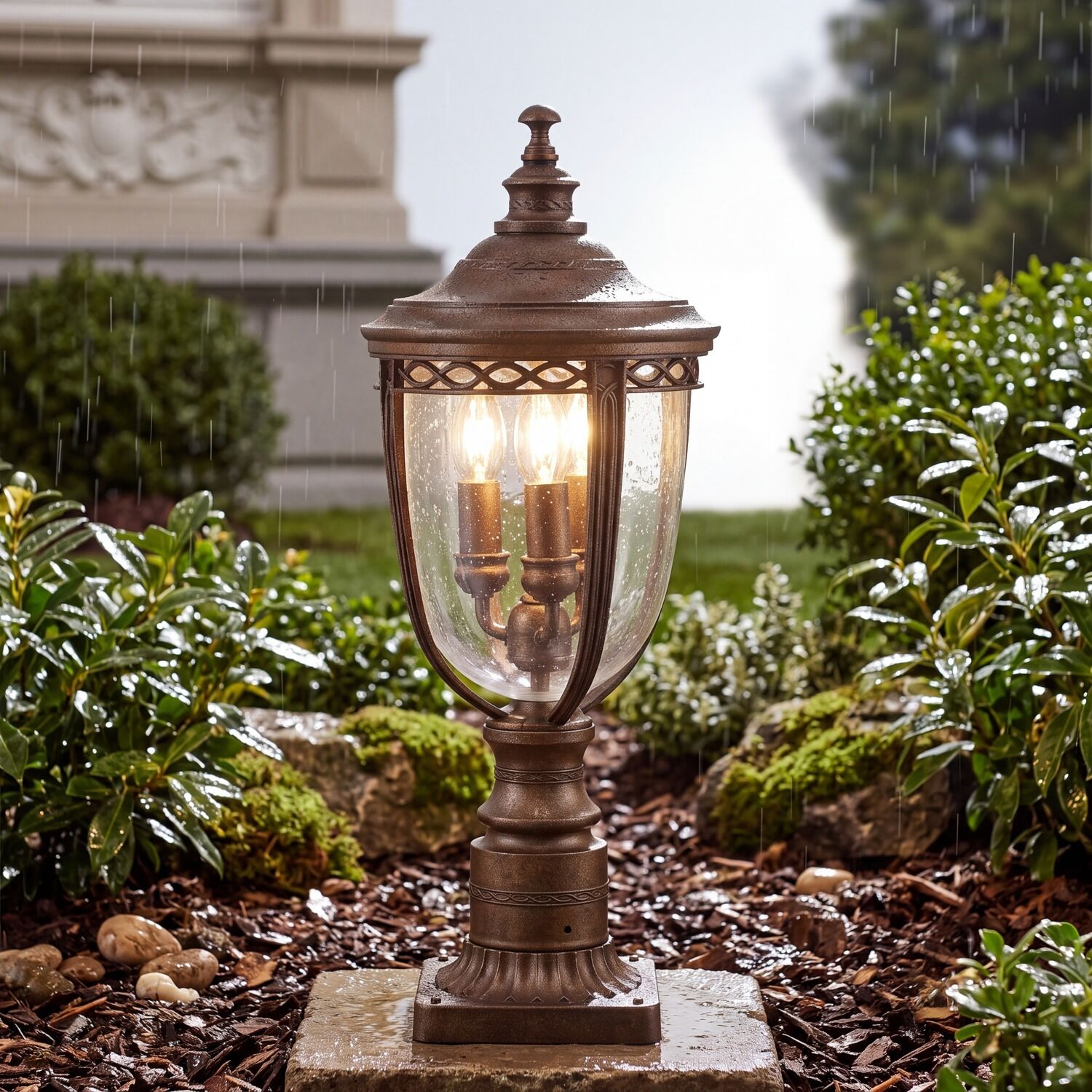 aussen-stehleuchte-wegeleuchte-edmund-3-flammig-britisch-bronze-rustikal-vintage-153-1 Laterne, Gartenleuchte, Bronzefarben, Lampenschirm Glas, Dekoleuchte