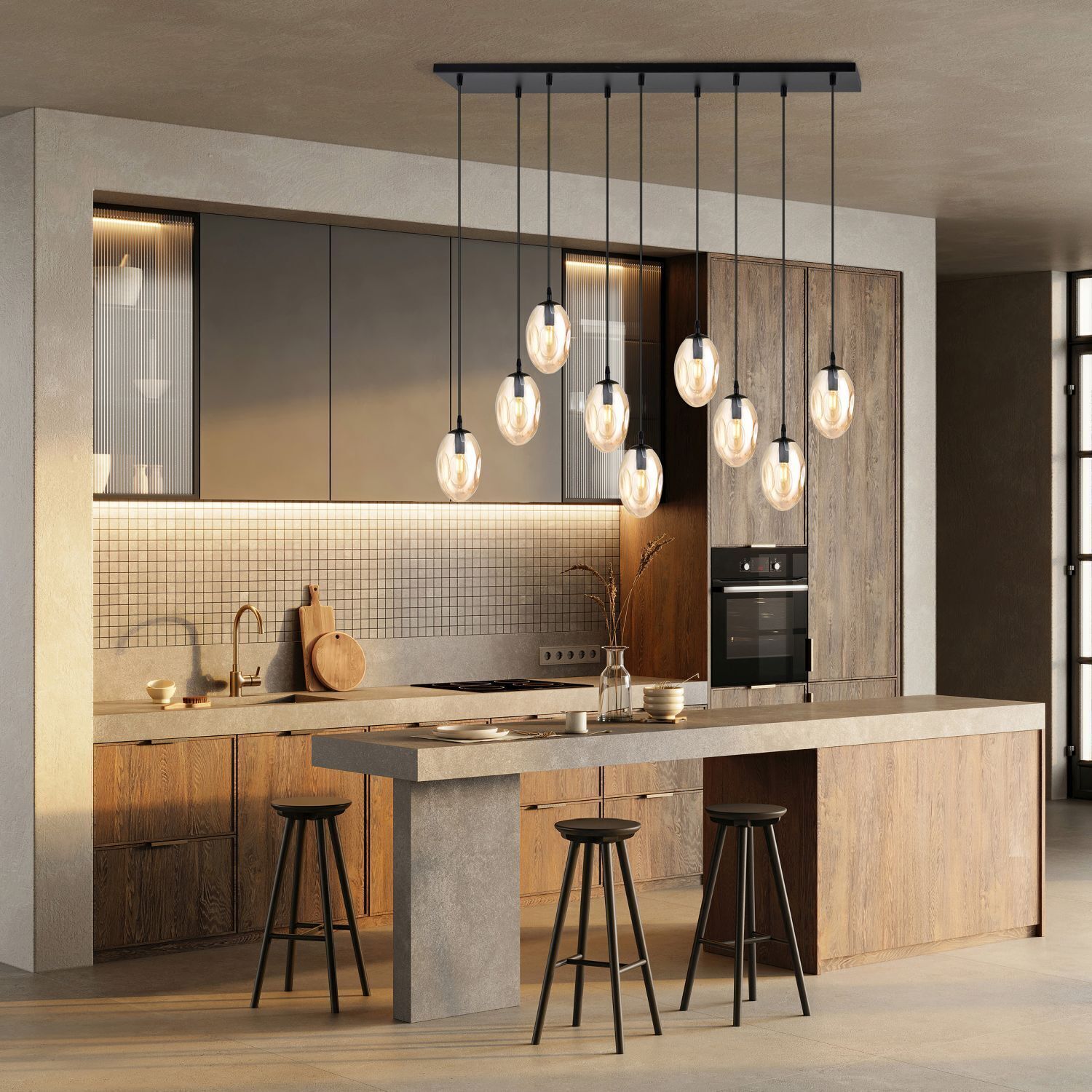 Hängelampe Glas groß 9-flammig in Bernstein Schwarz E14 Drinnen, Innenarchitektur, Küche, Waschbeckenhahn, Mobiliar