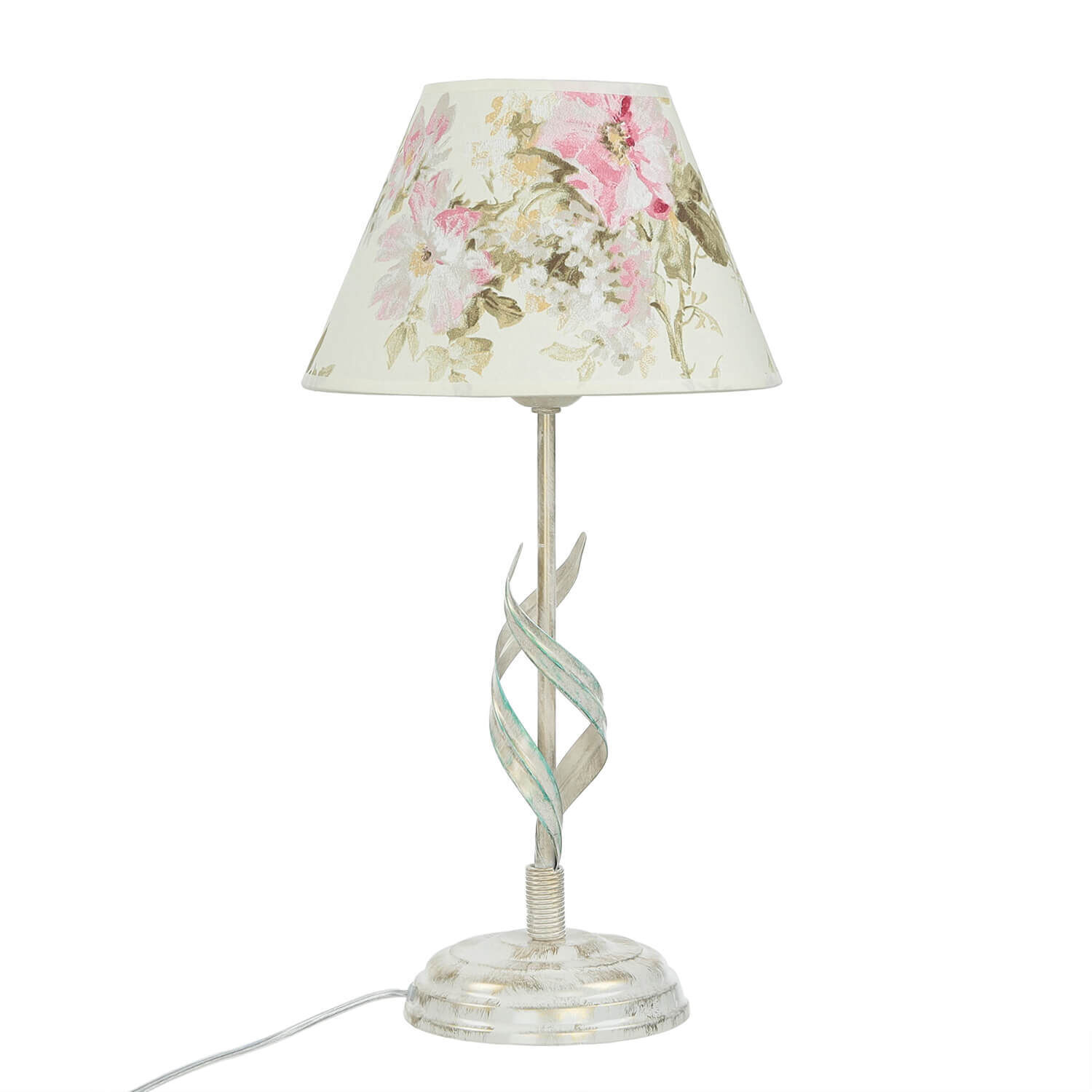 Tischlampe Metall Shabby Weiß Stoff rund Landhaus