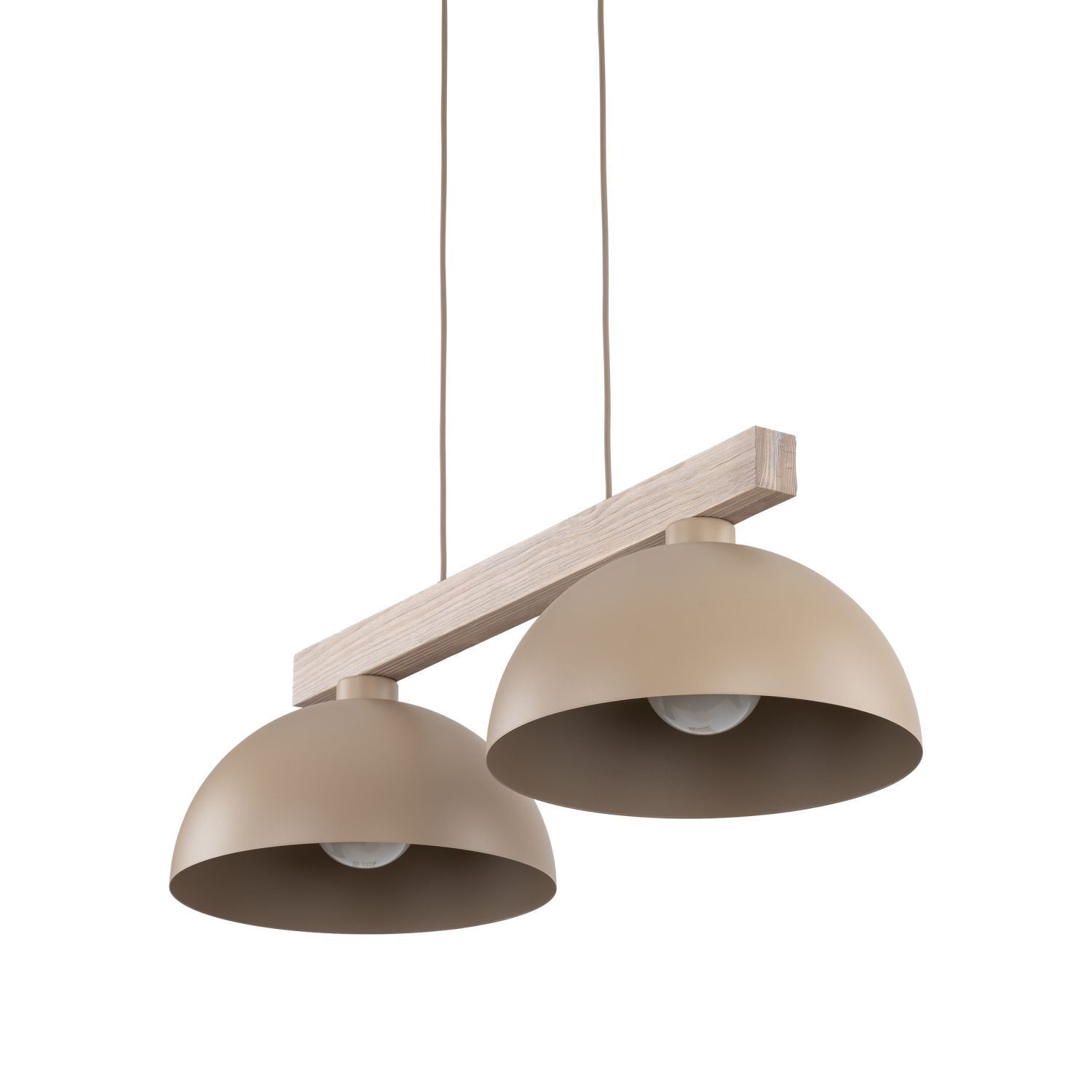 Hängelampe, Doppel-Lampenschirm, Holzträger, Beige, Hängelampe mit zwei Diffusoren