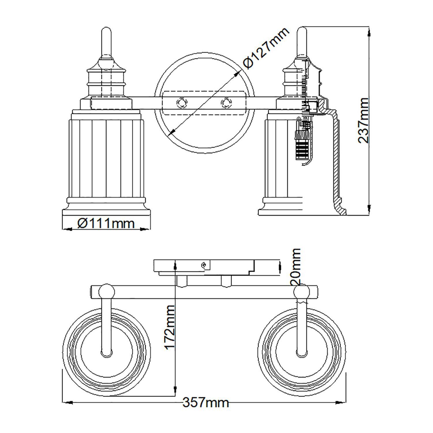 Applique salle de bain LED G9 IP44 35,7 cm de large métal verre art nouveau Diagramm, Handlung, CAD-Diagramm, Rad