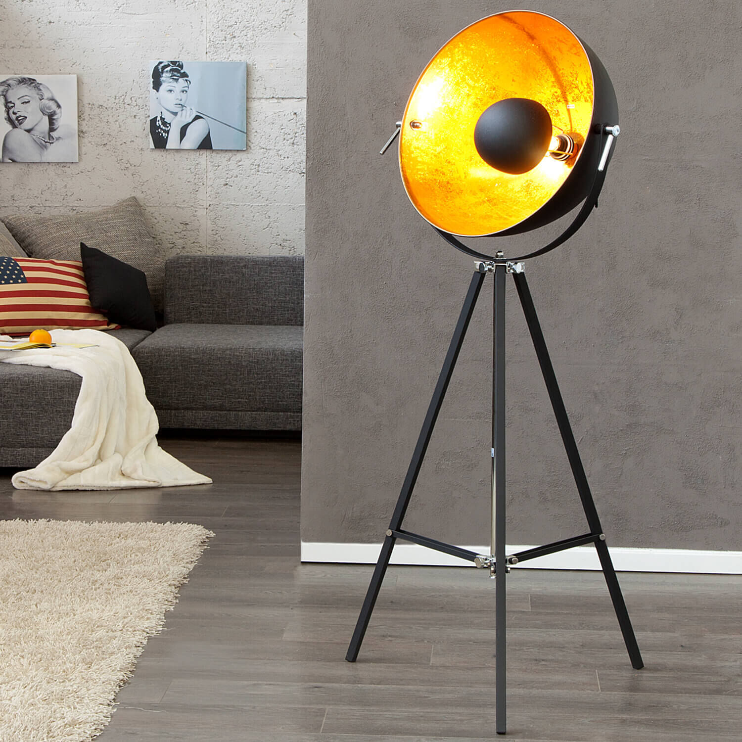 Stehleuchte 160cm Retro Dreibein Schwarz Gold Lampe