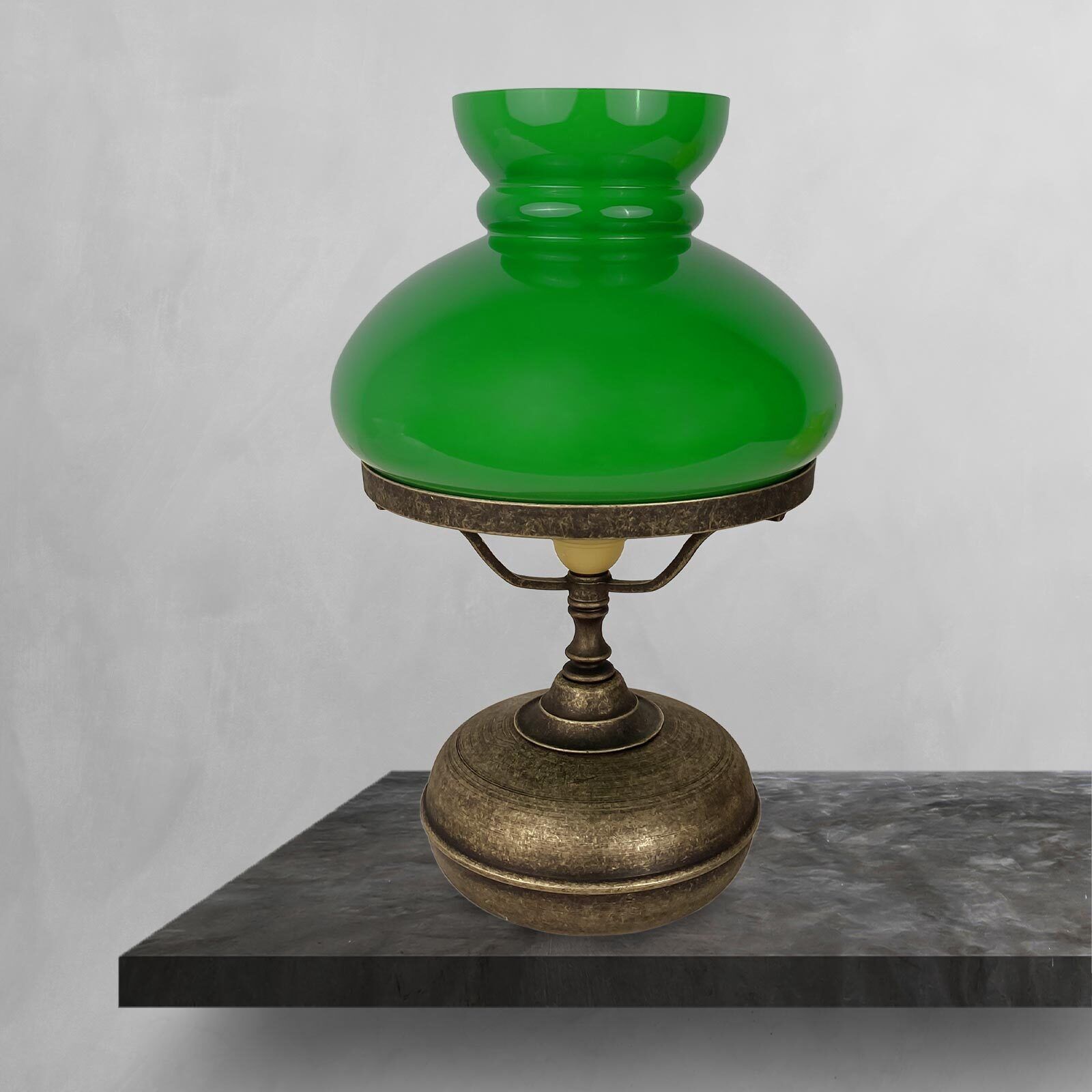 Lampe de table verre laiton H : 36,5 cm E27 en bronze vert antique