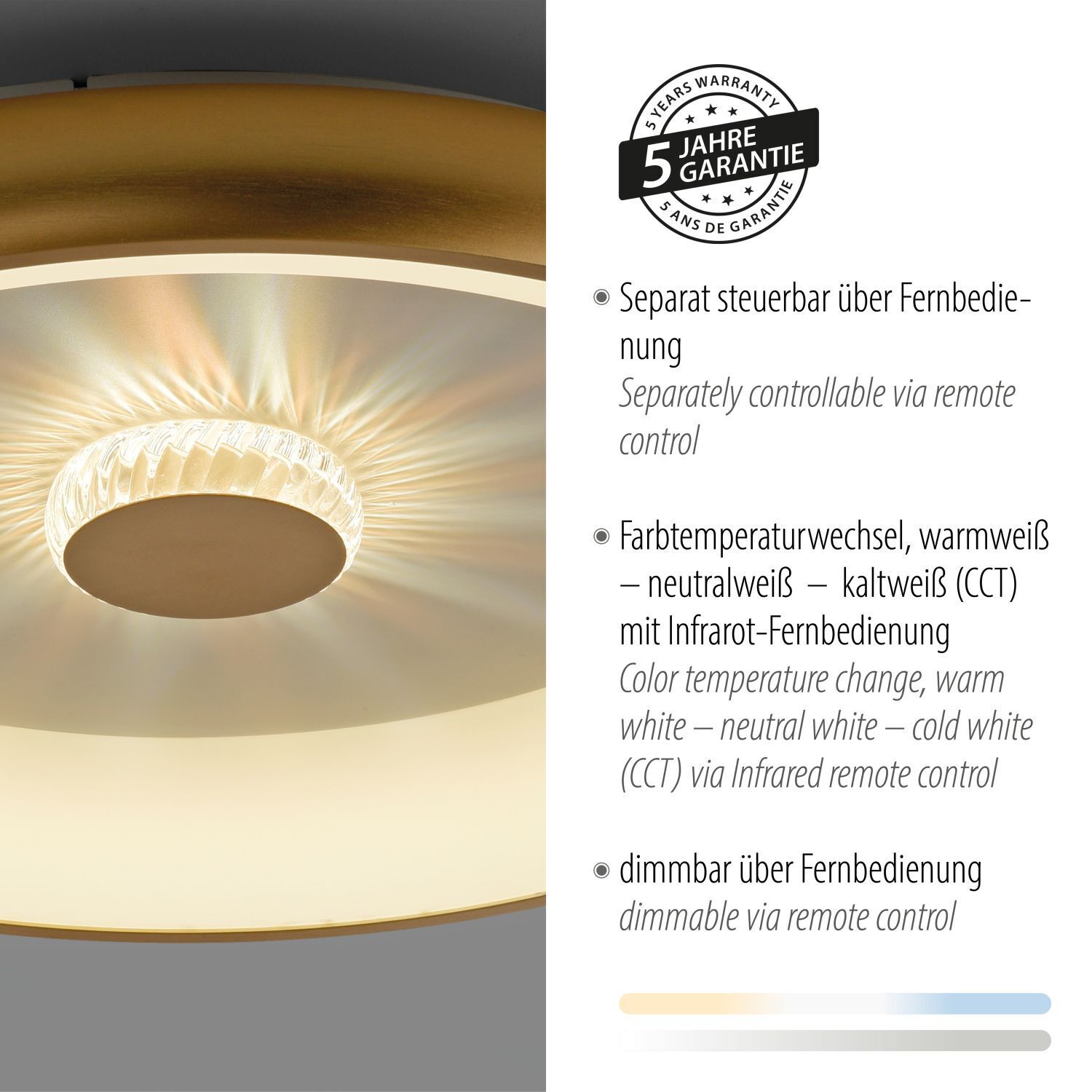 Dimmbare LED Deckenleuchte 2700-5000 K Ø61,5 cm Messing Deckenleuchte