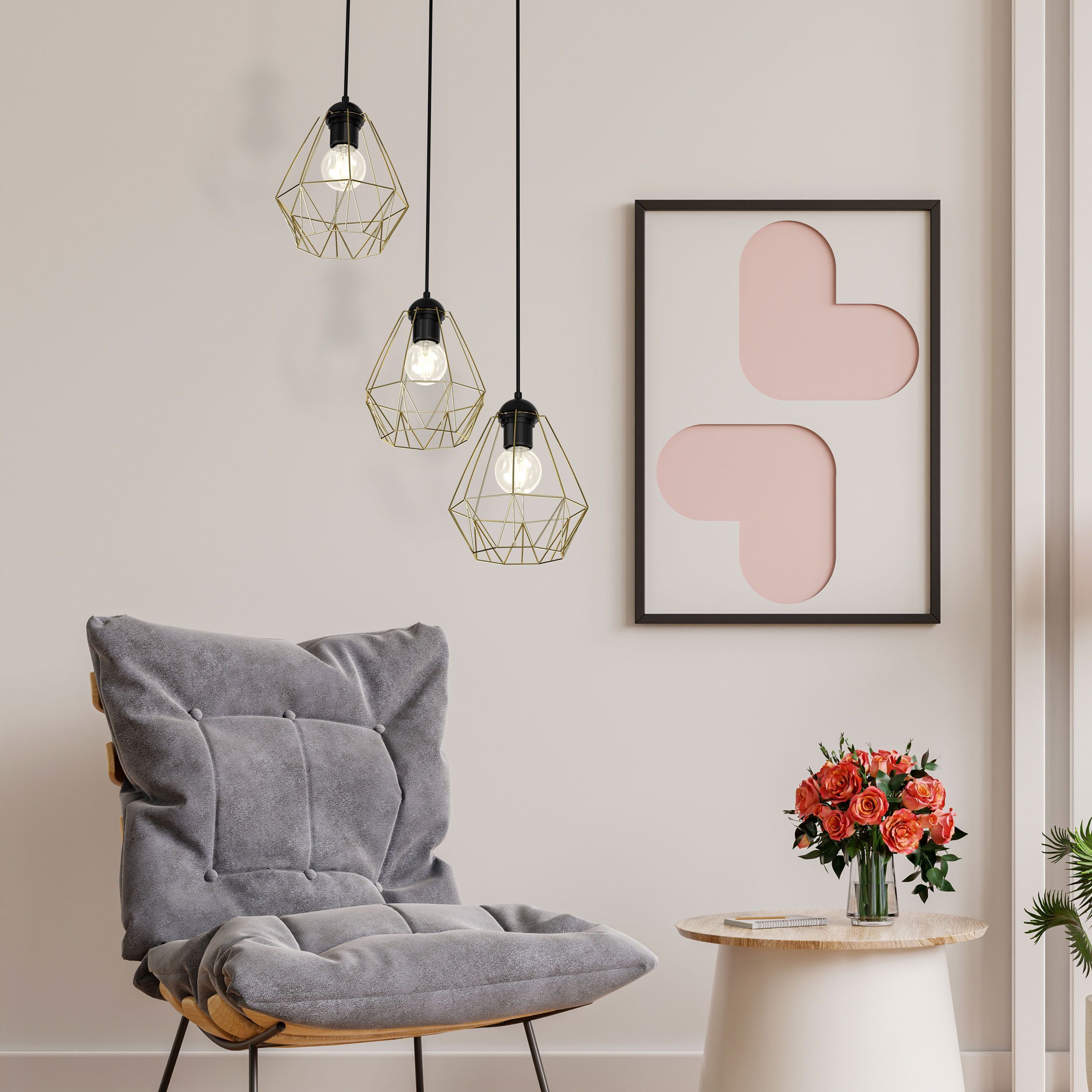 Hängelampe Metall 3-flammig Retro dekorativ Gold Schwarz Stuhl, Mobiliar, Lampe, Blume, Pflanze