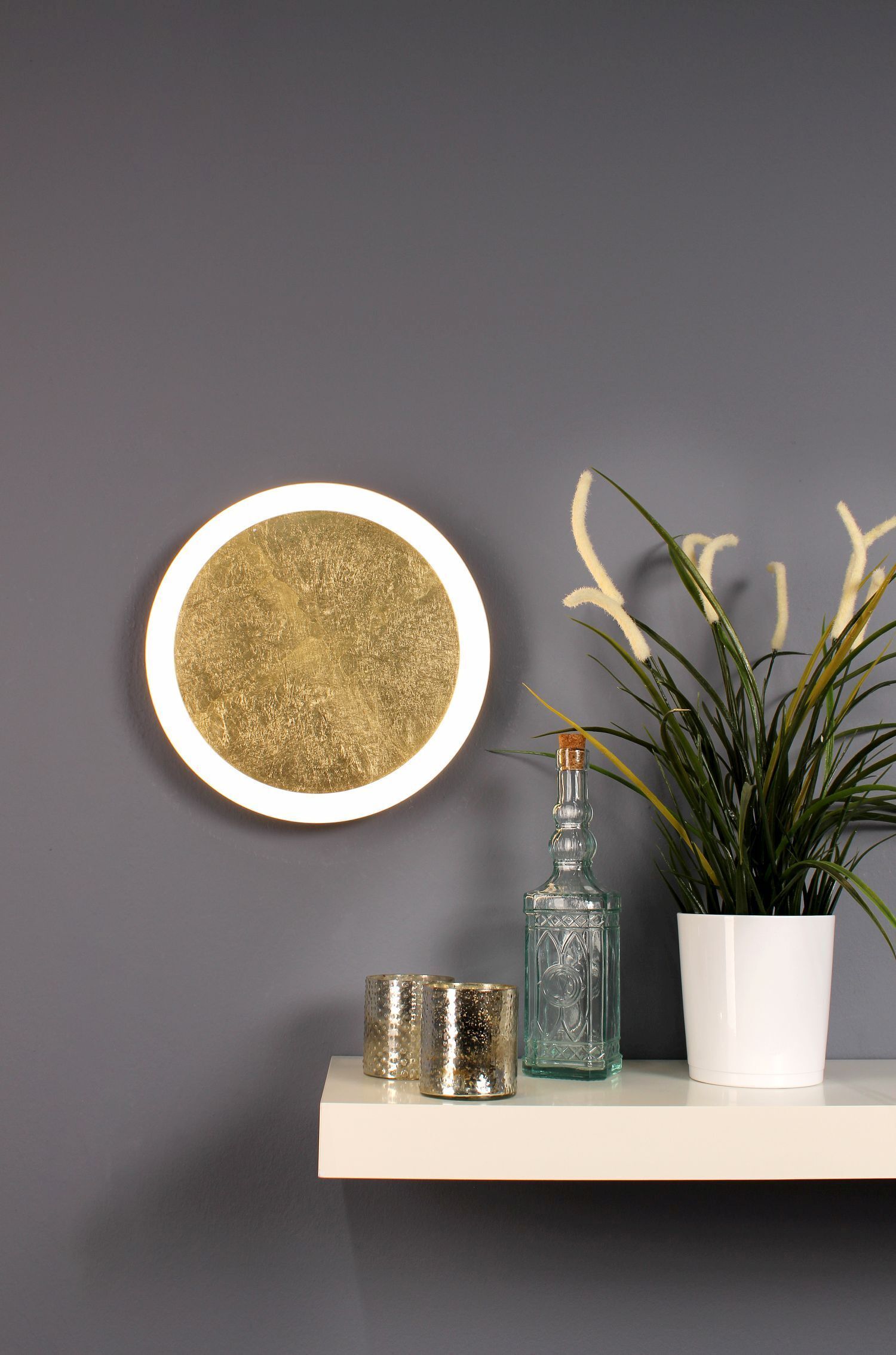 wandlampe, runder lampe, glasflasche, pflanze, deko-setup