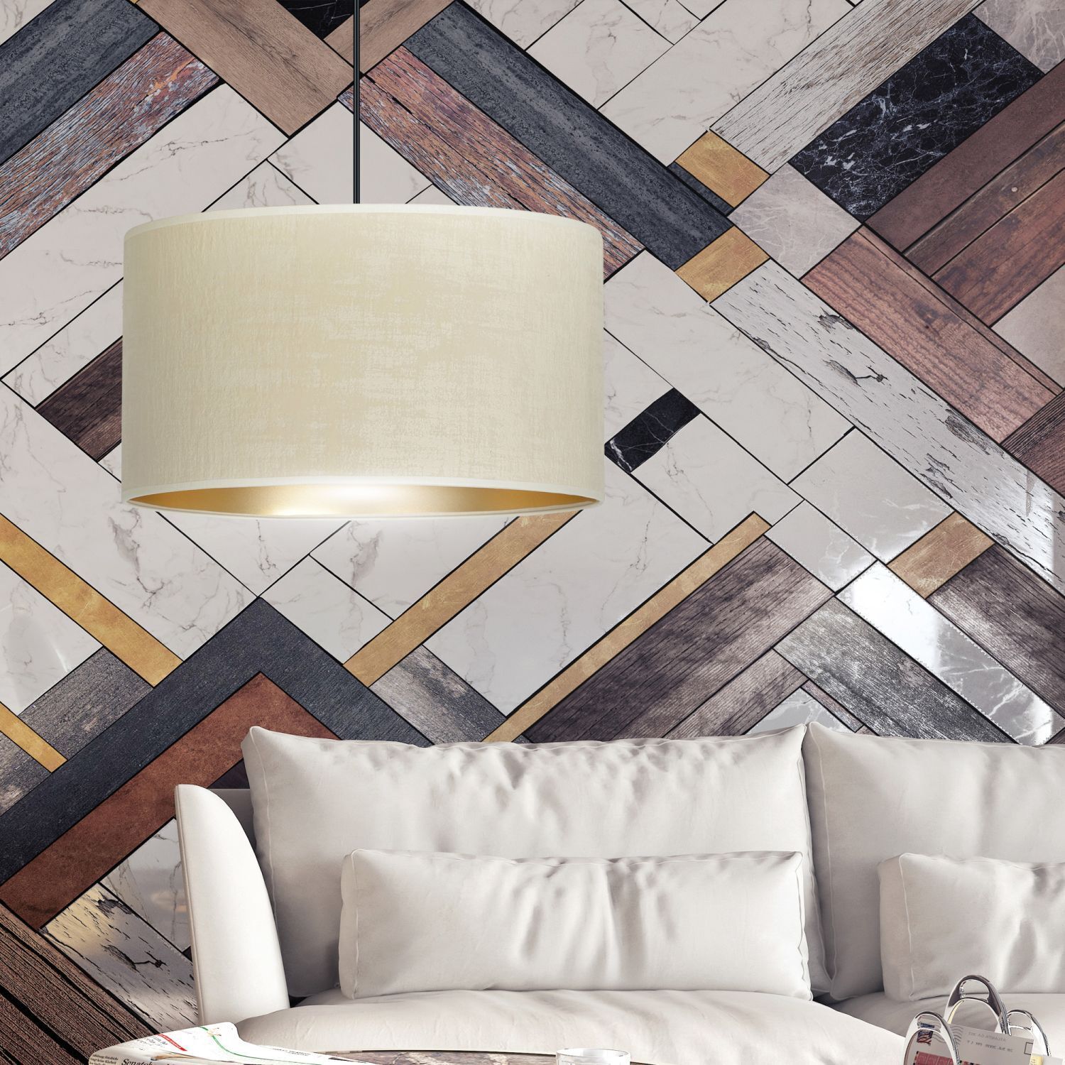 Hängelampe Stoff Ø 35 cm rund Weiß Gold Schwarz E27 Lampe, Drinnen, Innenarchitektur, Fußboden