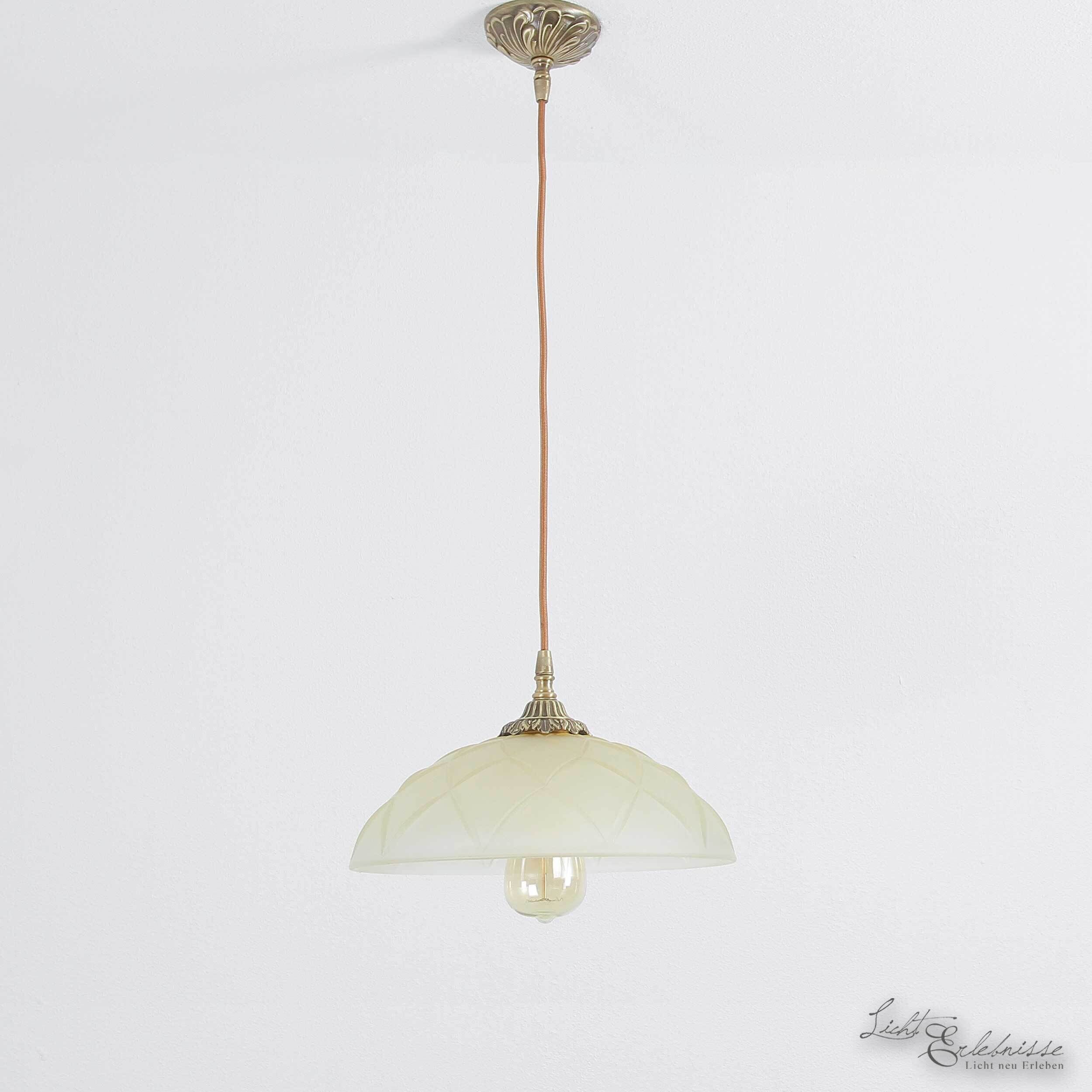 Echt-Messing Hängelampe mit Ornament & Glasschirm Lampe