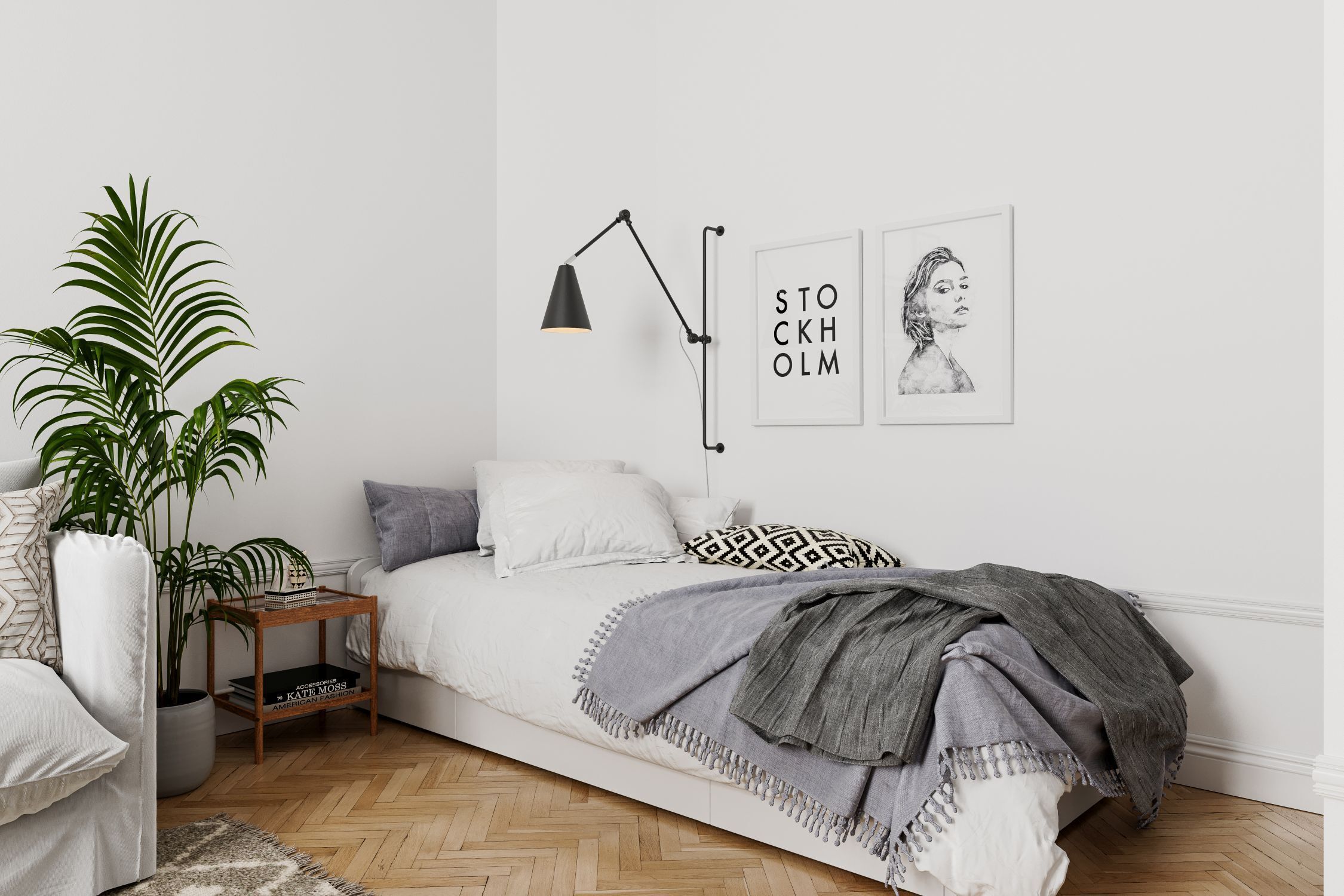 bett, kissen, pflanzen, wandlampen, dielenboden