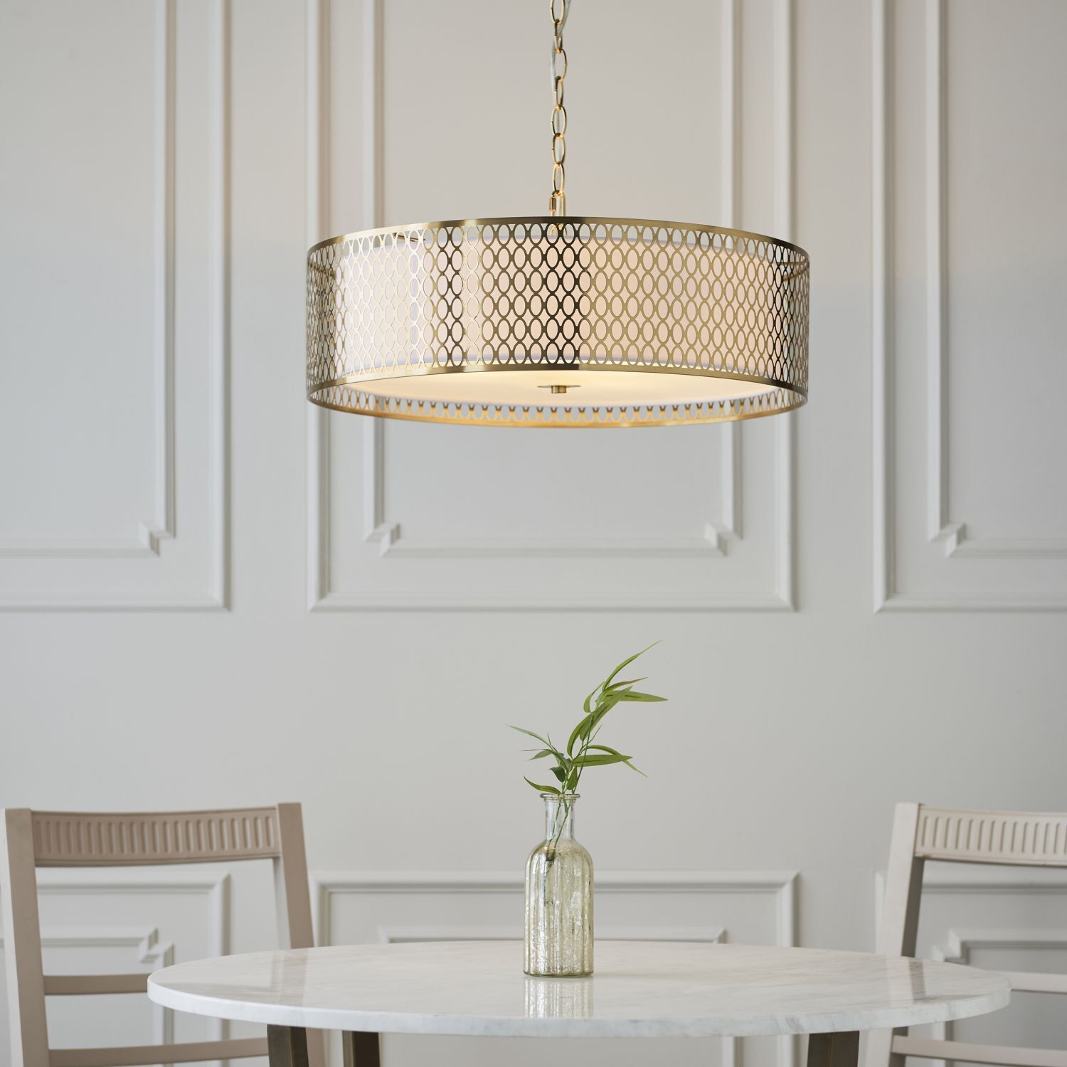 Lampe à suspendre métal verre tissu Ø 56 cm rond or blanc 3x E27