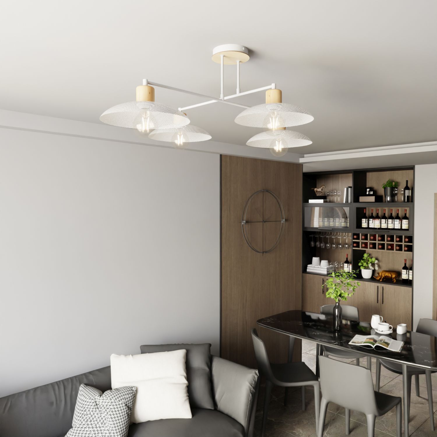 Deckenleuchte Weiß Holzoptik 100 cm groß Metall E27 4-flammig Esstisch, Tisch, Esszimmer, Innenarchitektur, Lampe