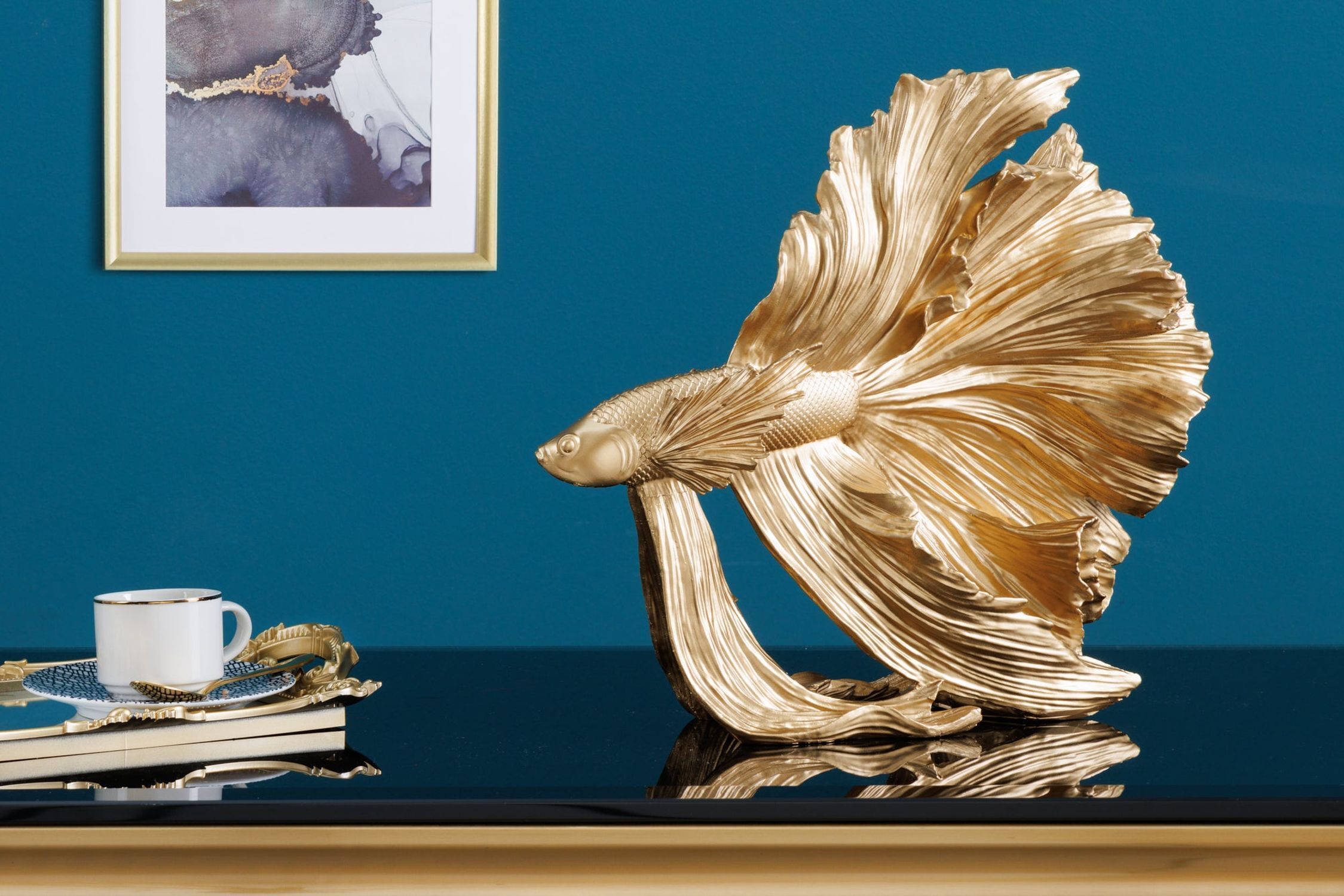 Dekostatue Polyresin in Gold Kampffisch H: 36 cm Holz, Tasse, Kunst, Fische, Leben im Meer