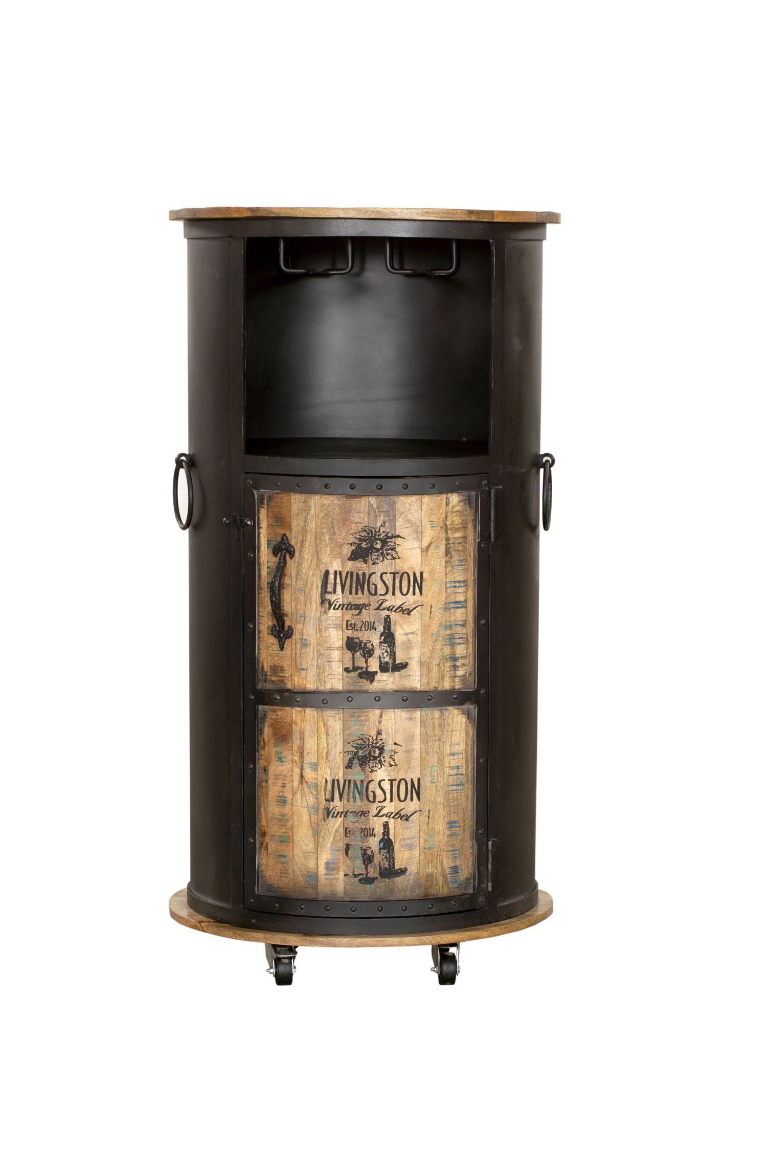 Armoire bar avec roulettes H : 115 cm Acier Bois Noir Naturel