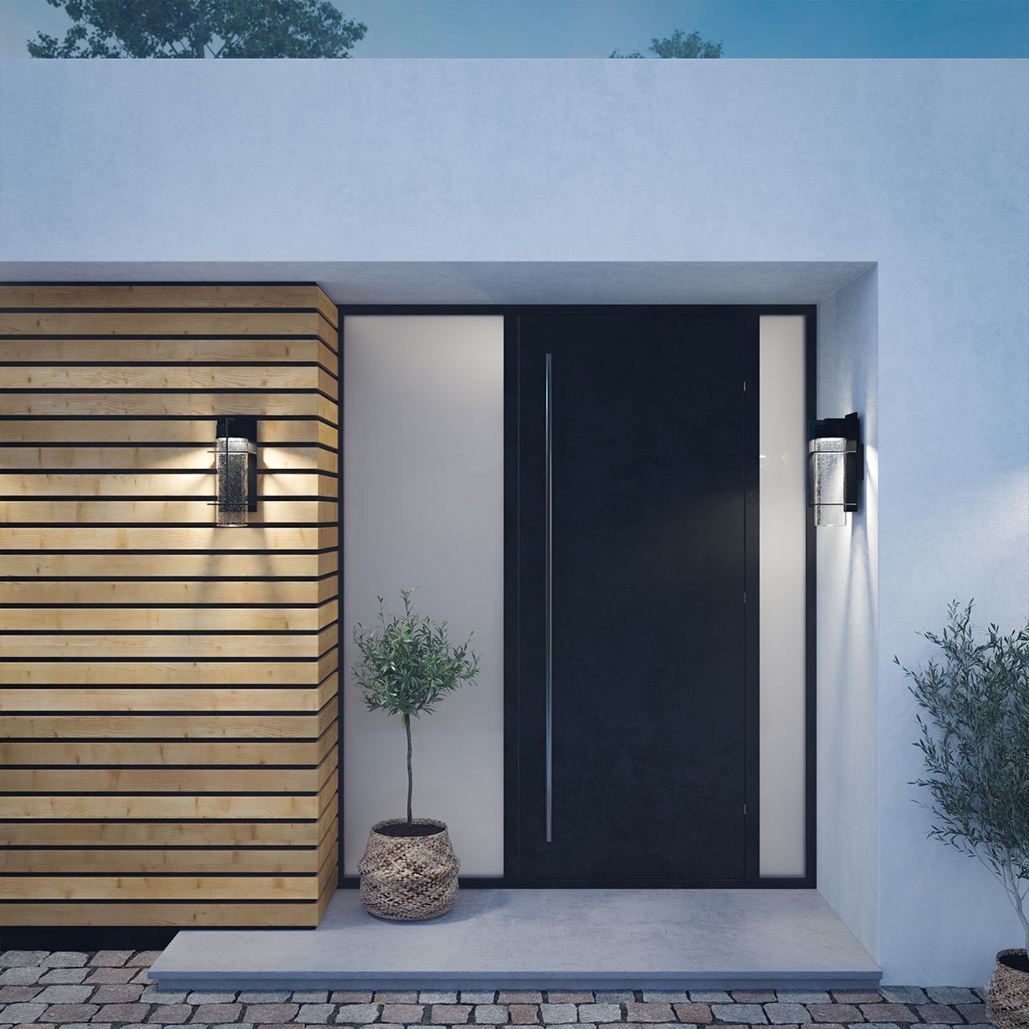 Vordereingangstür, Eingangstür, schwarze Tür, Holzverkleidung, Topfpflanze