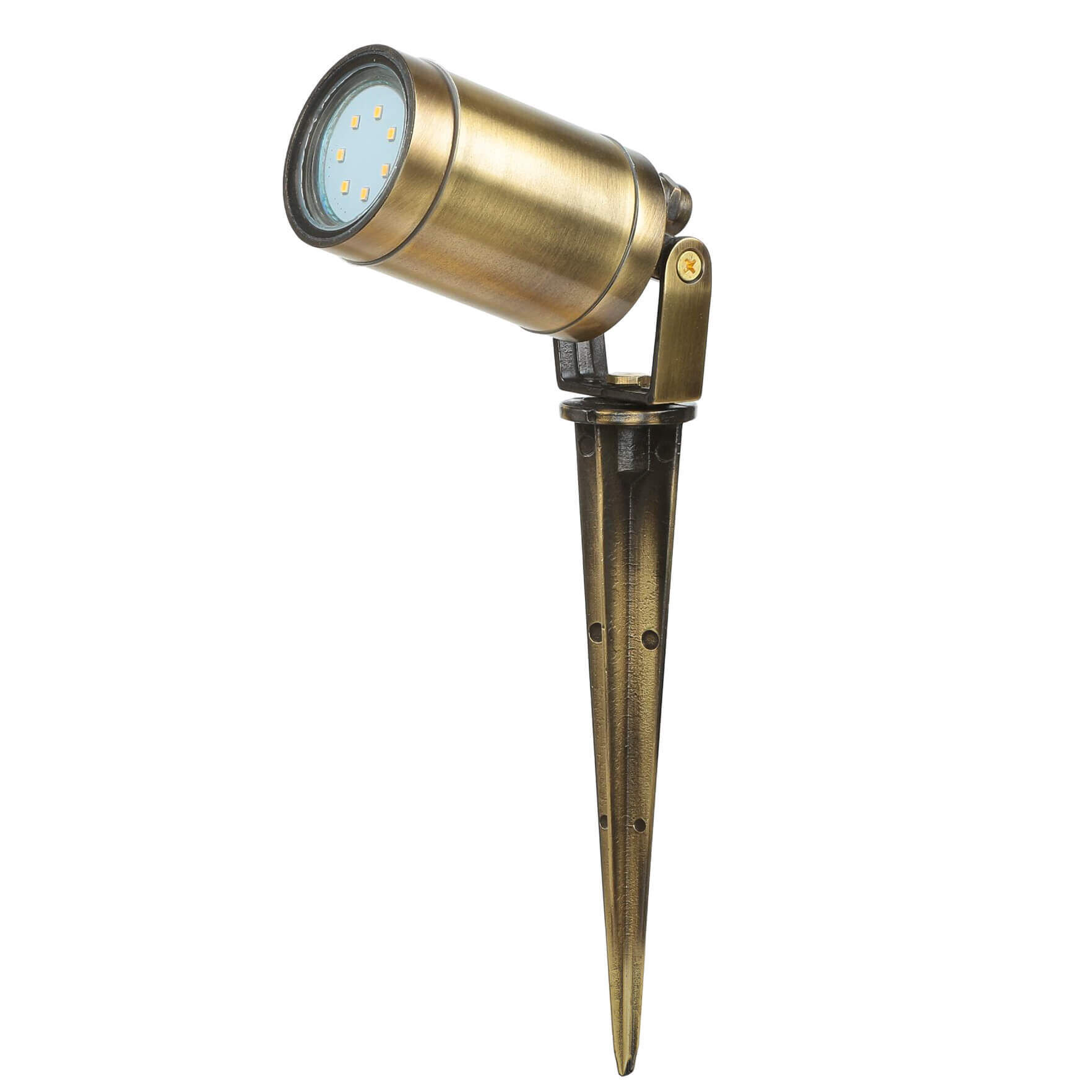 erdspiess-strahler-fassadenstrahler-aussen-spot-leuchte-messing-antik-1 LED-Lampe, Außenstrahler, Spieß-Schienenspot, Brass, Gusszaunstich