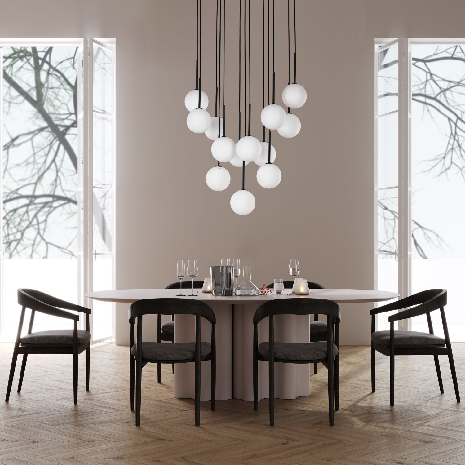 Suspension Boule Verre Métal L : 60 cm Noir Blanc 13x G9