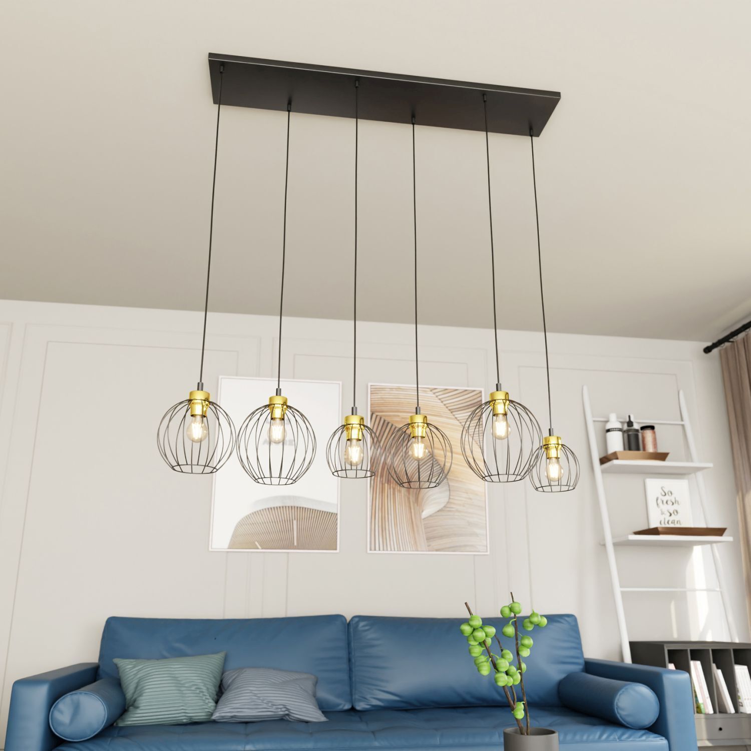 Längliche Pendelleuchte Schwarz Gold 6-flammig elegant