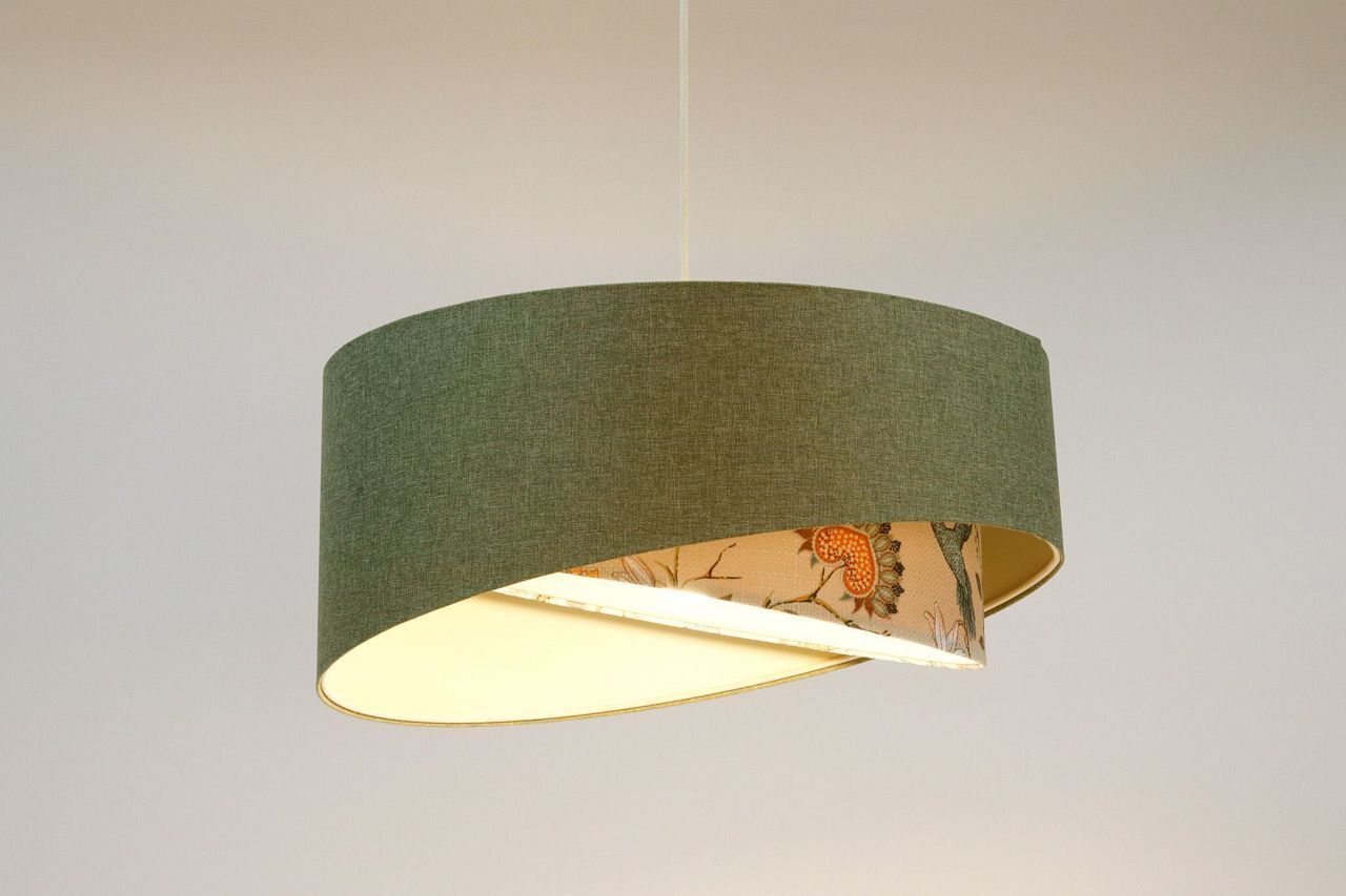 Pendelleuchte E27 rund Ø 45 cm Grün Weiß Floral Stoffschirm Lampe
