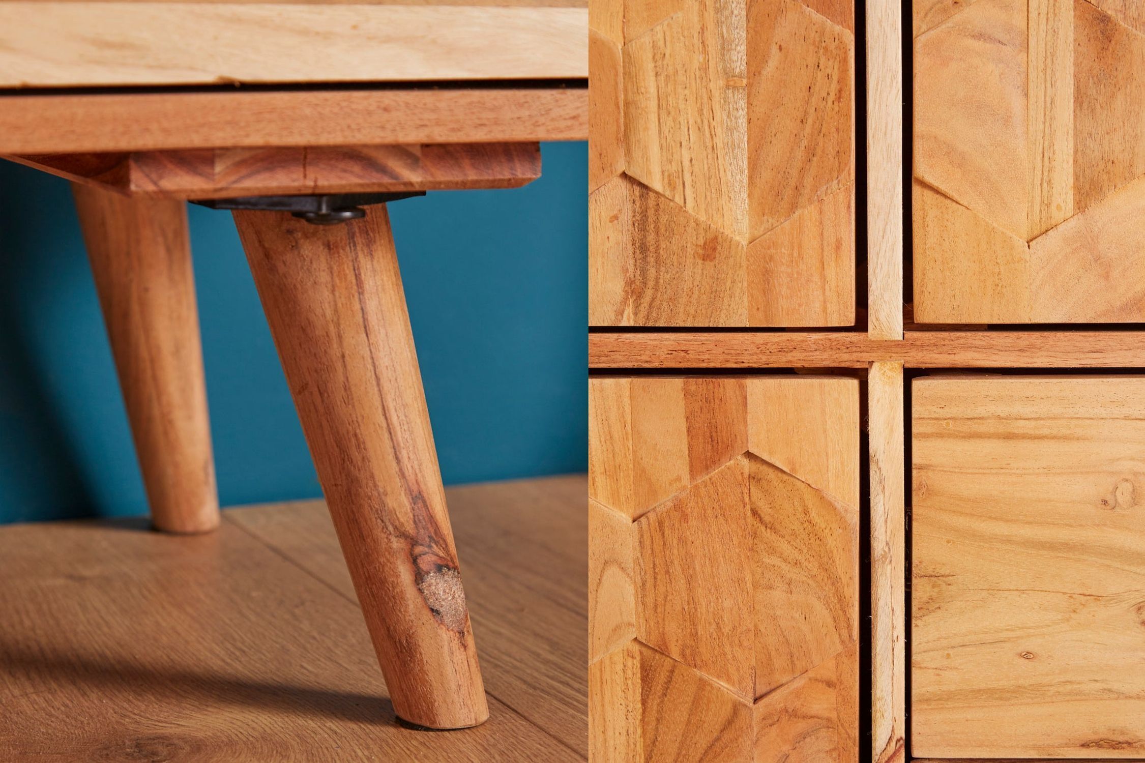 Highboard bois acacia 118 x 140 cm façade 3D tiroirs portes Hartholz, Holz, Innenarchitektur, Gebeiztes Holz, Sperrholz