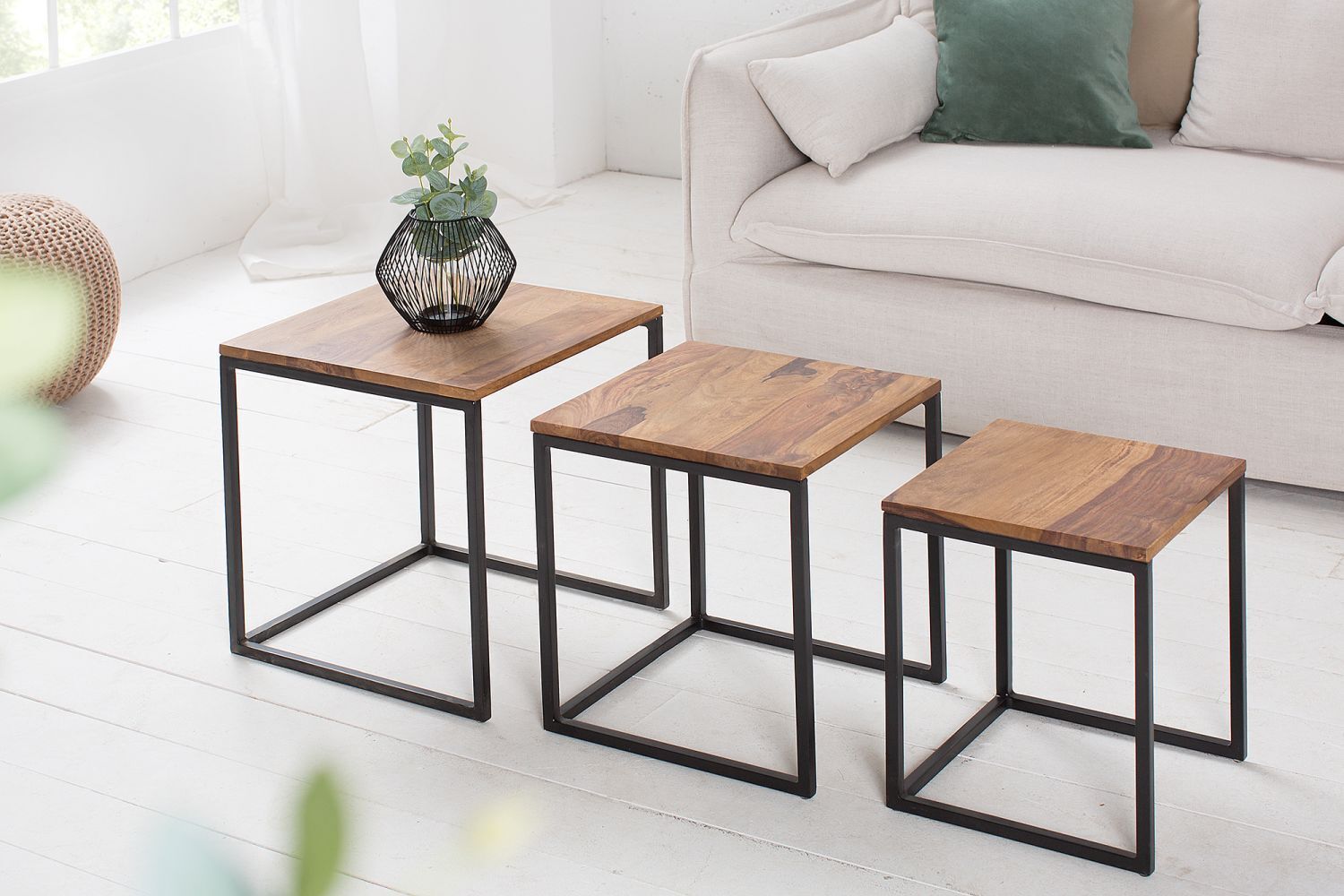 Beistelltisch Sheesham Holz Metall 3er Set in Natur Schwarz Kaffeetisch, Mobiliar, Tabelle, Holz, Tischplatte