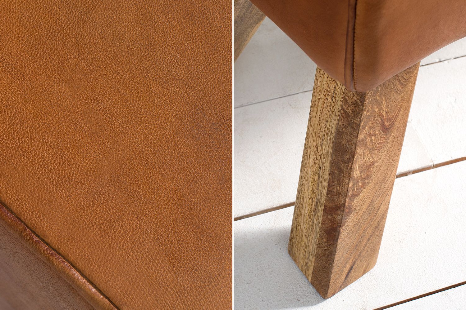 Banc cuir véritable bois massif 120 cm en brun naturel
