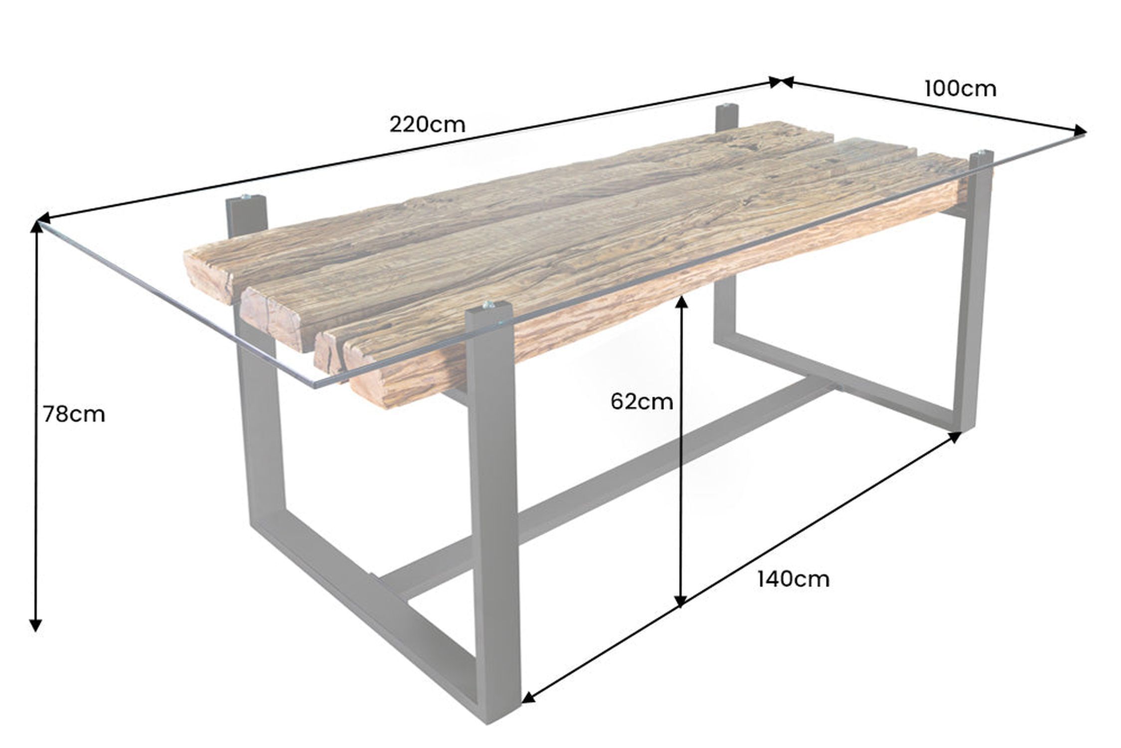 Table basse en bois d'acacia métal 100x41 cm (LxlxH) artisanale Moebel, Tabelle, Kaffeetisch, Esstisch, Tischplatte