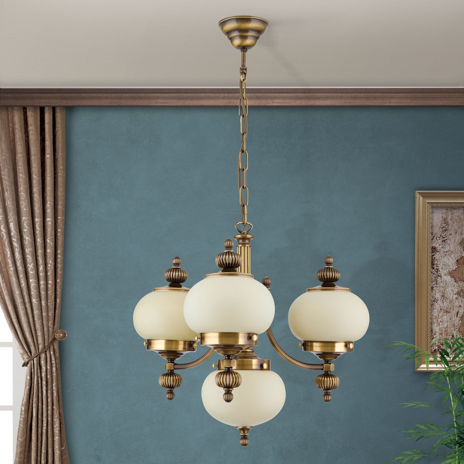 Hängeleuchte, Chandelier, Bronze, Glaskugeln, vier-lampig