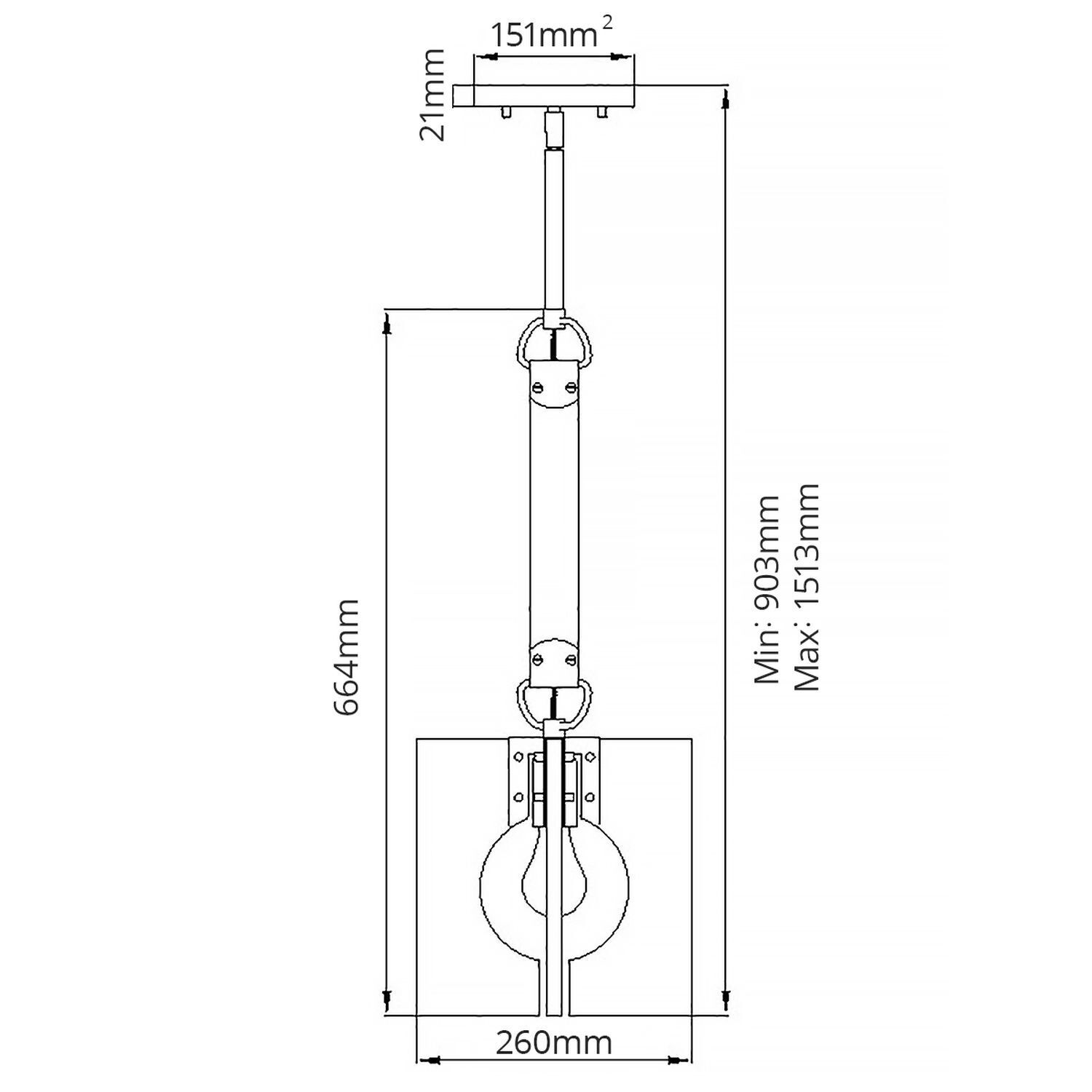 Lampe à suspendre carrée 26 cm de large H : max. 151,3 cm E27 CAD-Diagramm, Diagramm