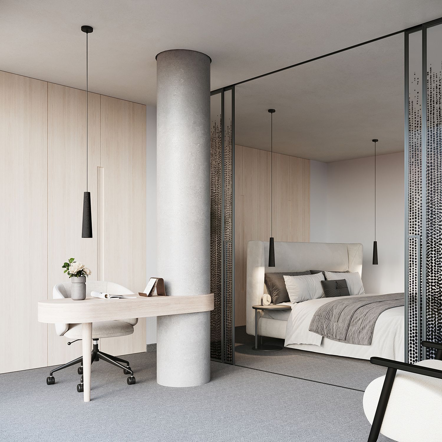 Stilvolle Hängelampe Beton Schwarz GU10 Ø8 cm rund Schreibtisch, Arbeitsplatz, modernes Interieur, neutrale Töne, Schlafzimmerbereich