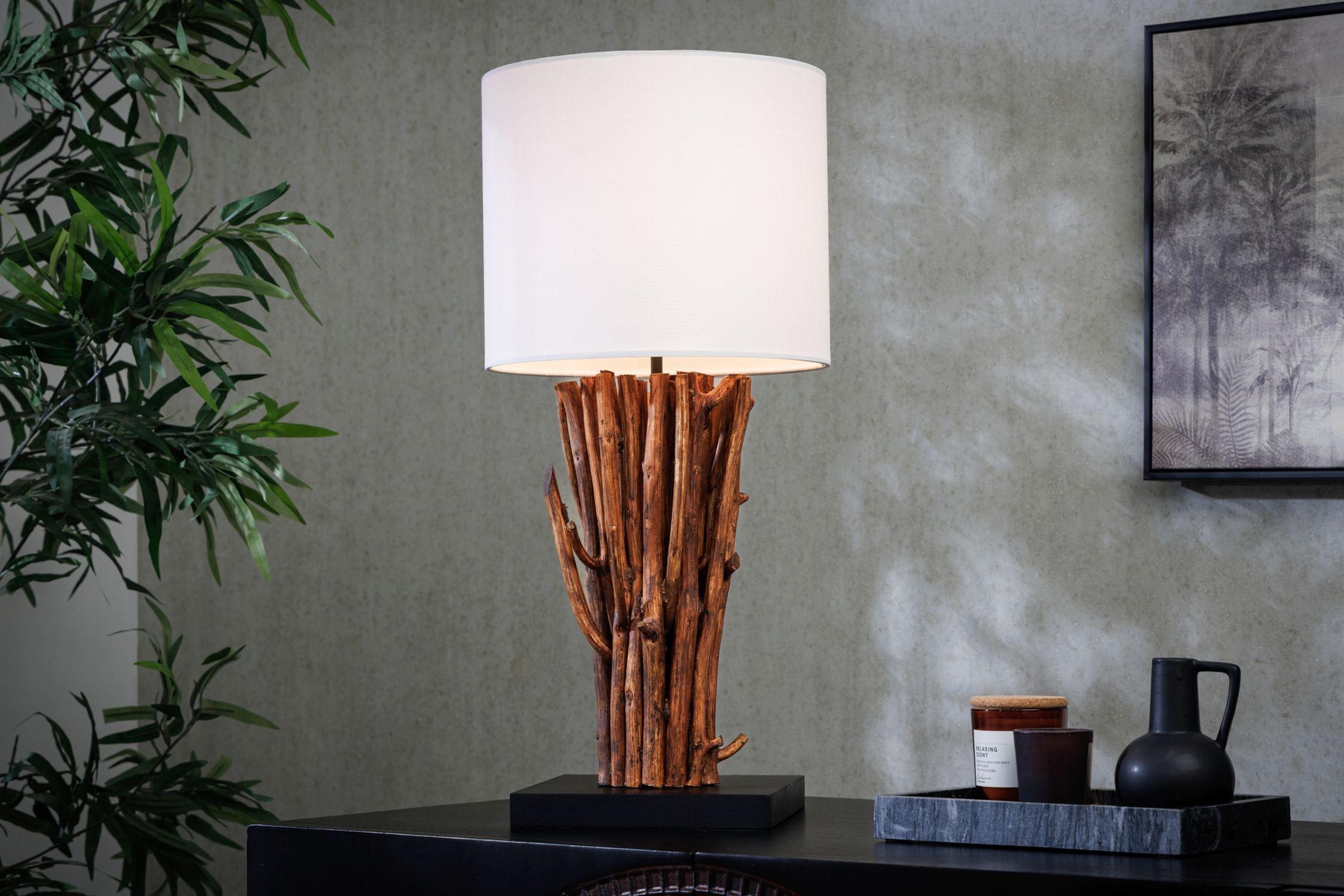 Tischlampe Weiß Holz Stoff E27 H:58 cm gemütlich Lampe, Tasse