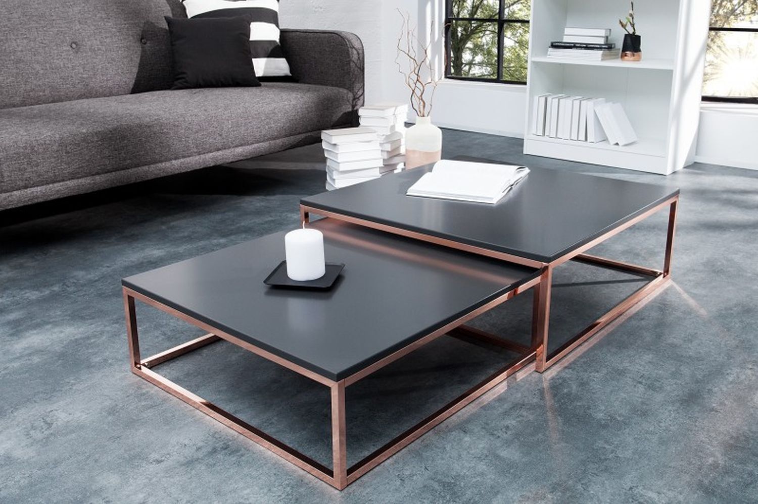 Couchtisch MDF Metall 2er Set in Anthrazit Kupfer Kaffeetisch, Mobiliar, Tabelle, Tischplatte, Couch