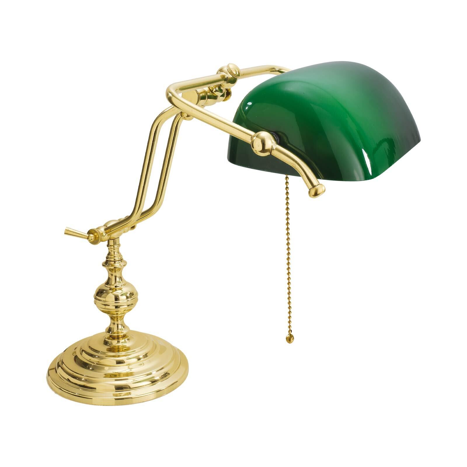 Lampe de banquier Interrupteur à tirette 38 cm E27 laiton verre vert