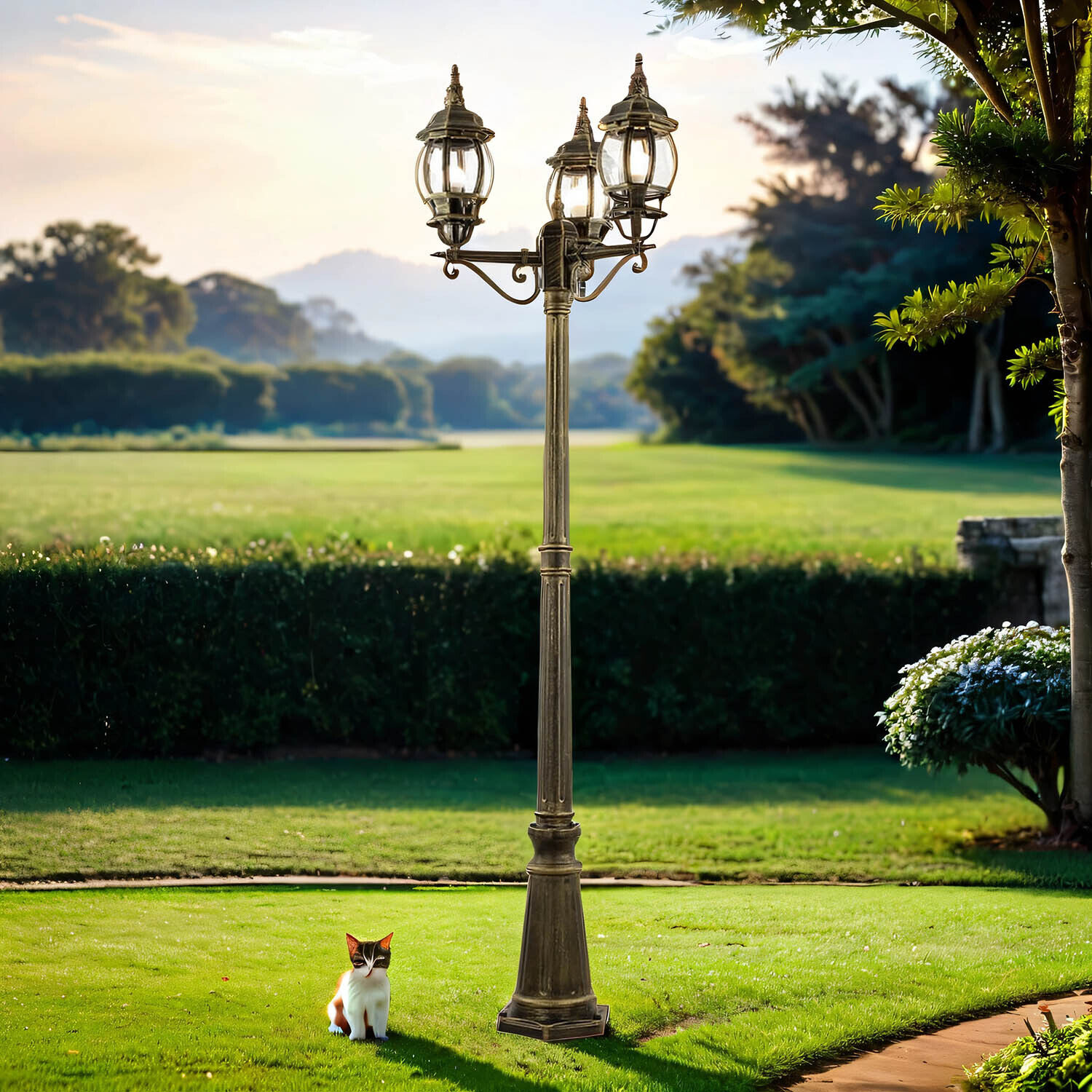 Gras, Rasen, Park, Laternenpfahl, Katze