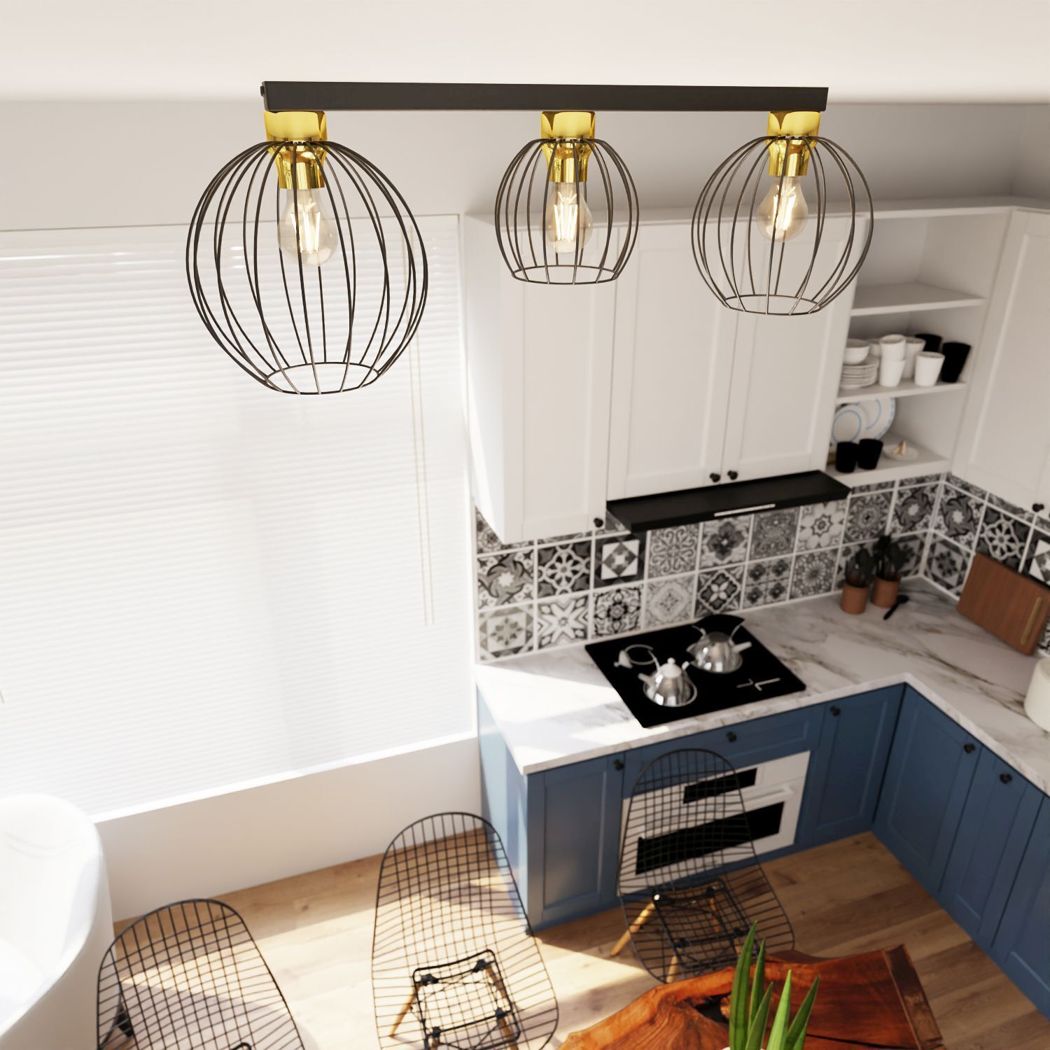kitchen lighting, hängendes licht, drahtkäfig, goldener akzent, Drei-Licht-Fassung