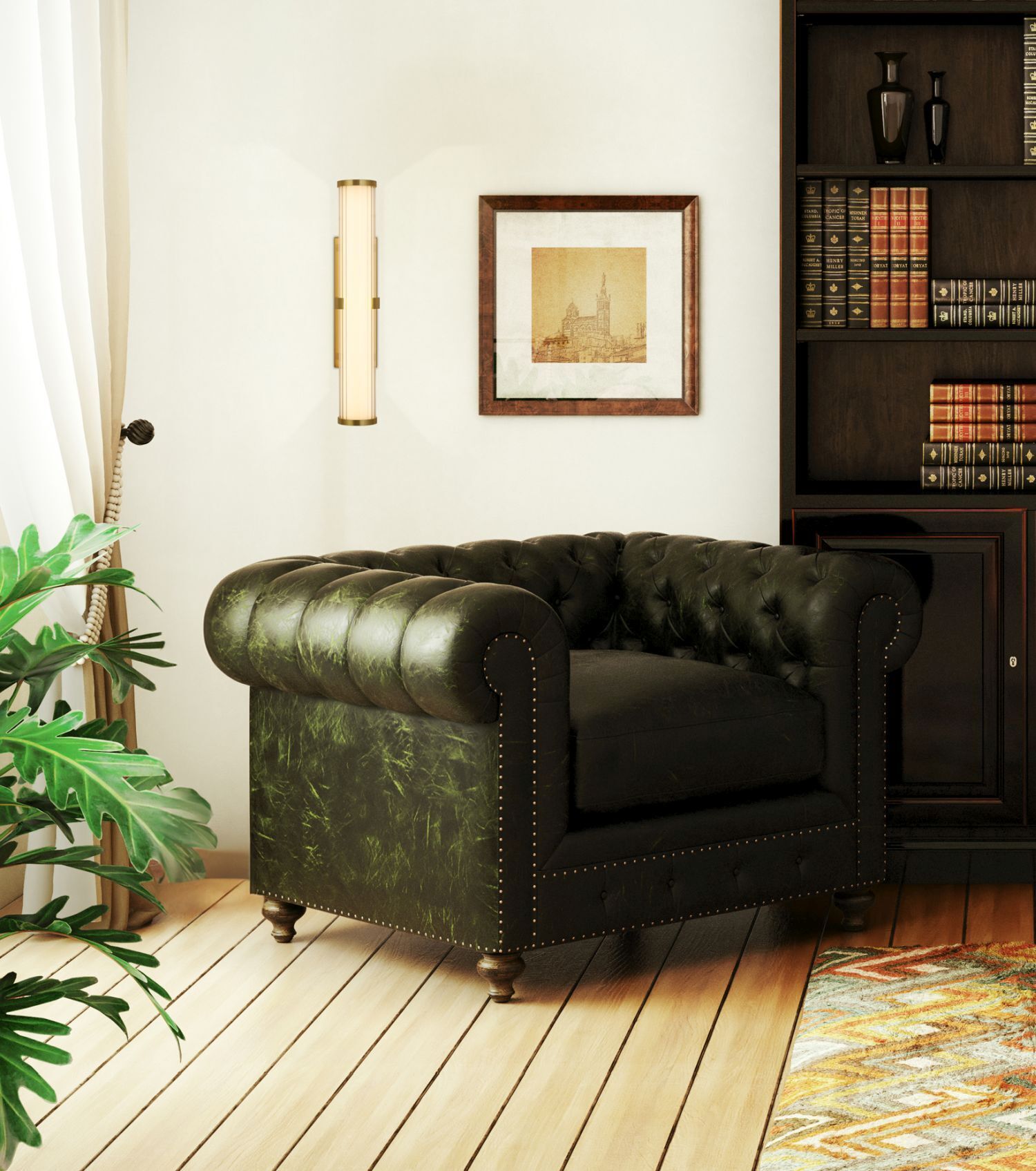 Chesterfield-Sessel, Ledersessel, Samtbezug, Dunkelgrün, Nussbaum-Füße