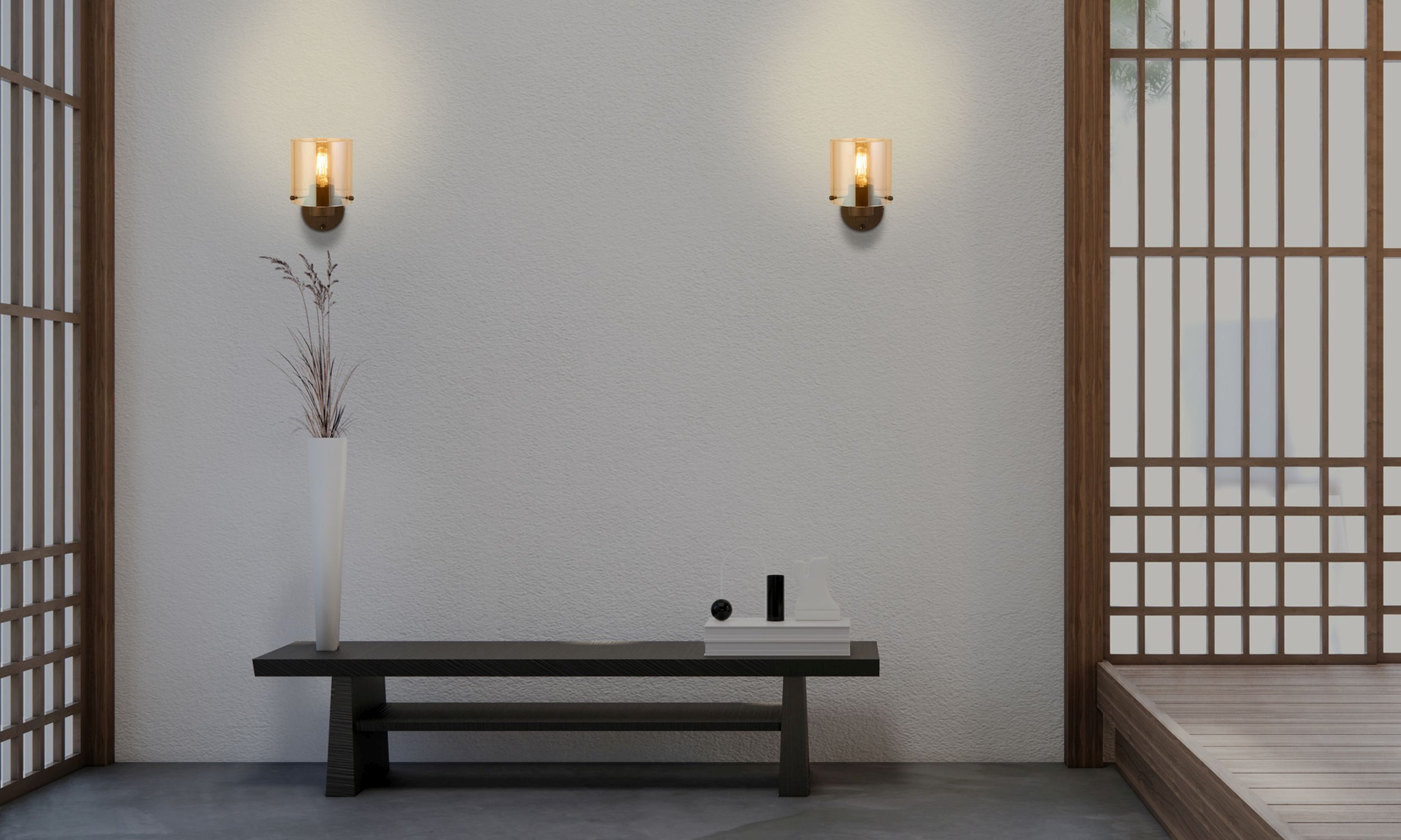 lowertisch, vase, dekoration, wandlampe, minimalistisch