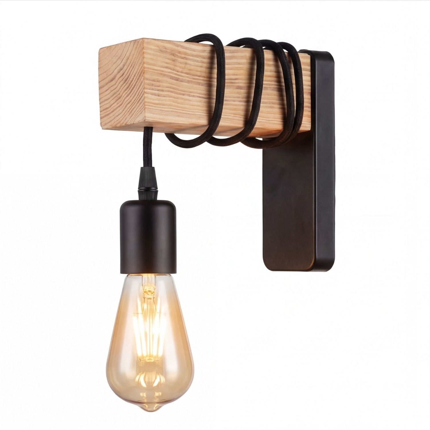 Wandleuchte, Wandlampe, Holzblock, Edison-Birne, Kabelspirale