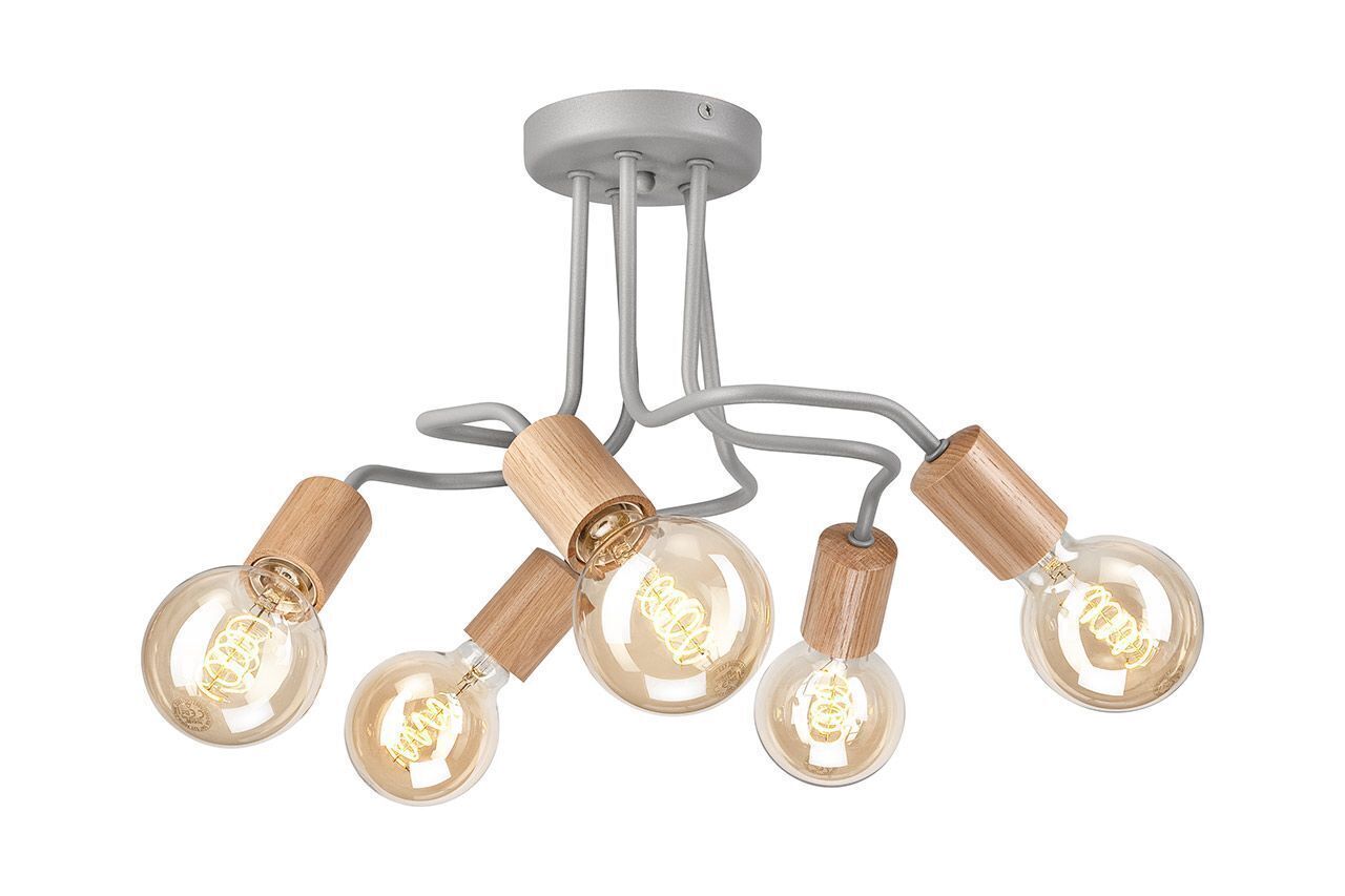 Deckenleuchte Metall Holz L: 44 cm 5-flammig E27 Grau Retro