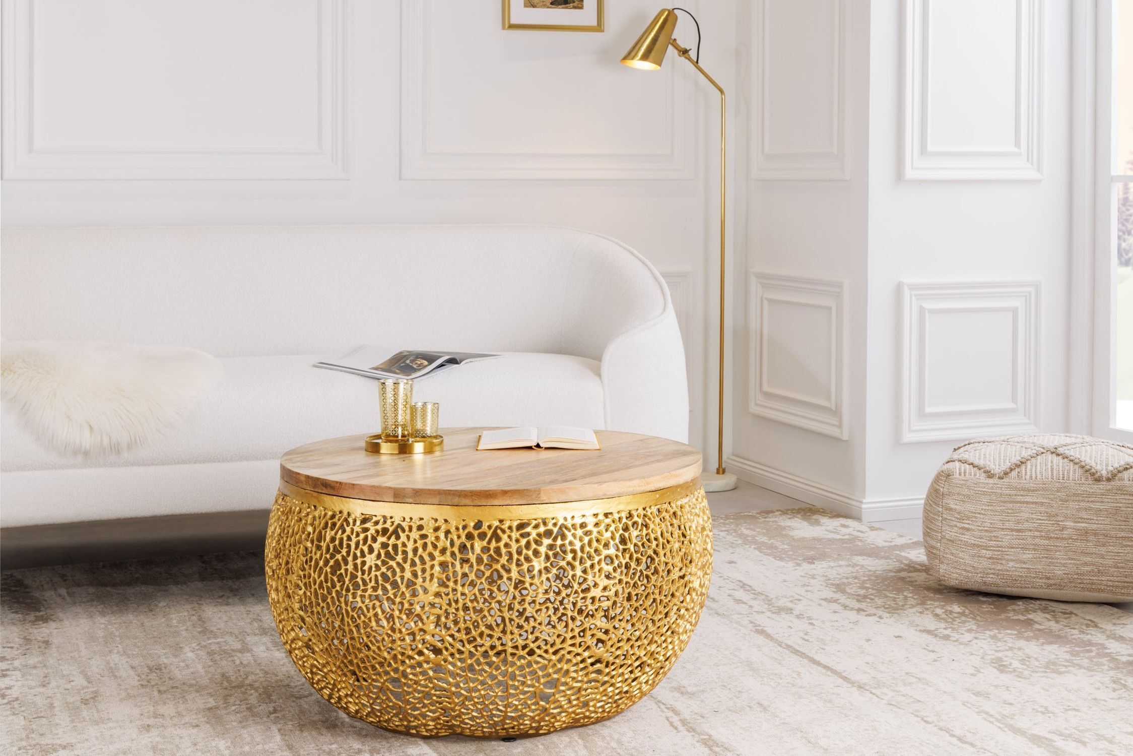 Table basse mangue bois métal en naturel or Ø 80cm artisanale Lampe, Mobiliar