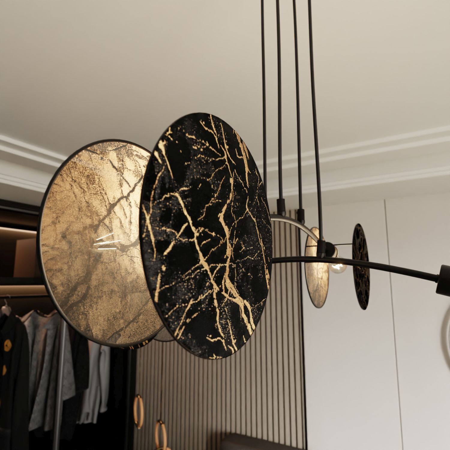 Hängelampe Marmor-Optik Schwarz Gold L: 82 cm Stoff Metall