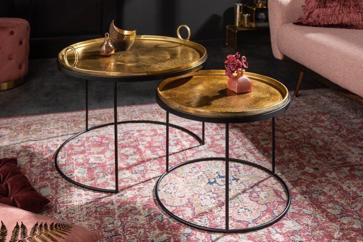 Table d'appoint métal fer en or noir 2e set Kaffeetisch, Mobiliar, Tabelle, Tischplatte, Teppich